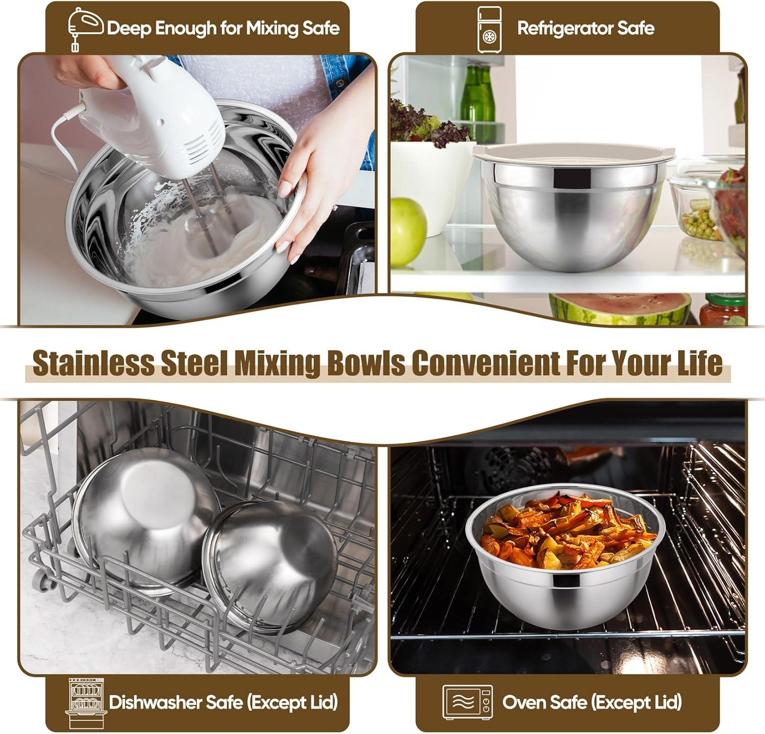 Toledo Bath & Kitchen Stainless Steel Mixing Bowls With Lids, 5-Pack Metal Nesting Bowls With Airtight Covers For Cooking, Baking, Serving, Storage, Non-Toxic & Dishwasher Safe, Size 4.6/3/1.5/1/0.7QT - Khaki