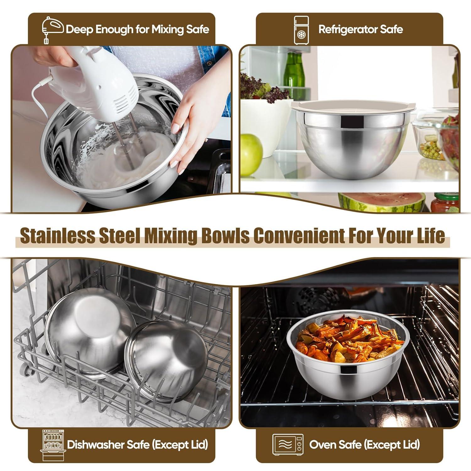 Toledo Bath & Kitchen Stainless Steel Mixing Bowls With Lids, 5-Pack Metal Nesting Bowls With Airtight Covers For Cooking, Baking, Serving, Storage, Non-Toxic & Dishwasher Safe, Size 4.6/3/1.5/1/0.7QT - Khaki