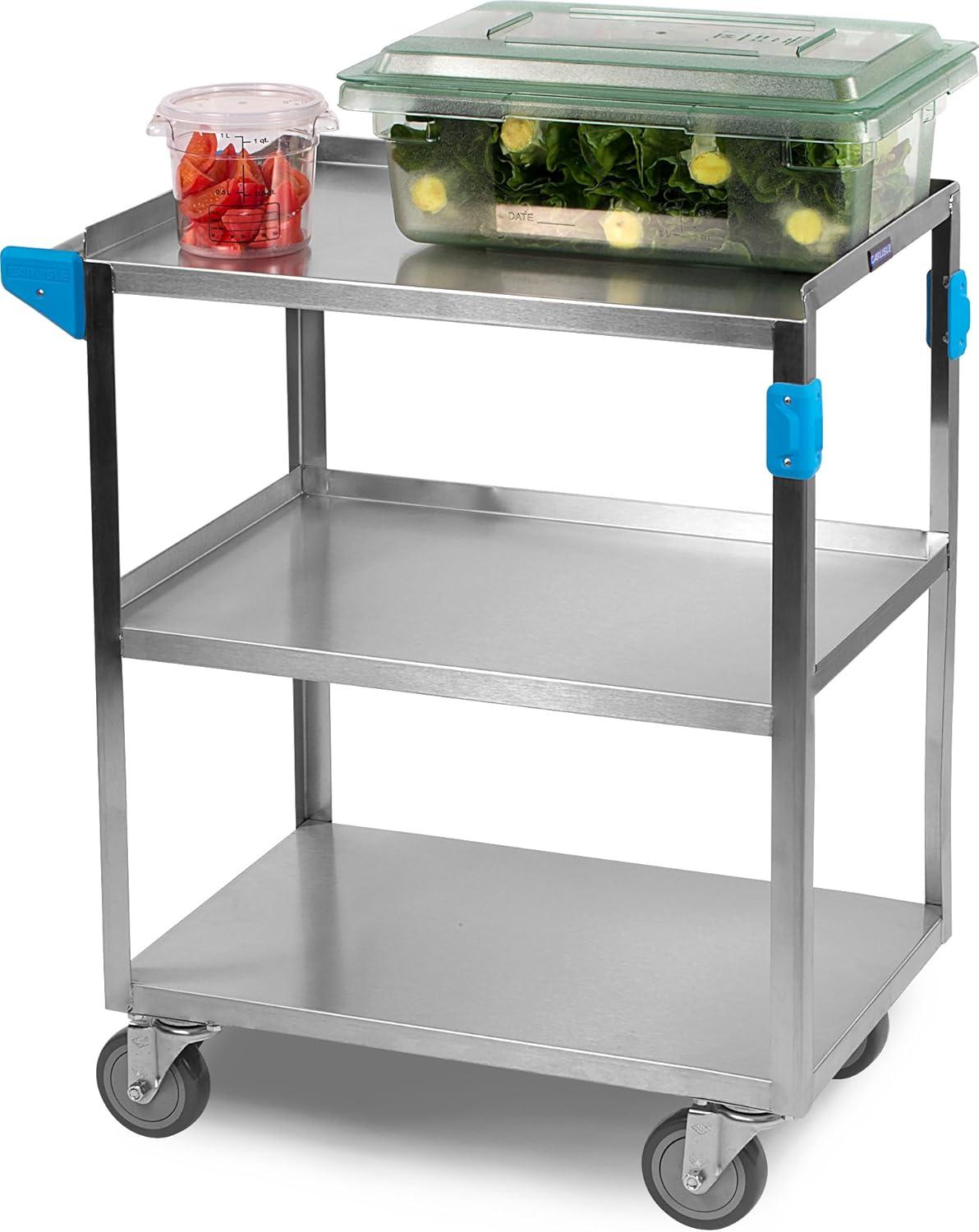 Stainless Steel 3-Shelf Utility Cart with Flat Ledge, Silver