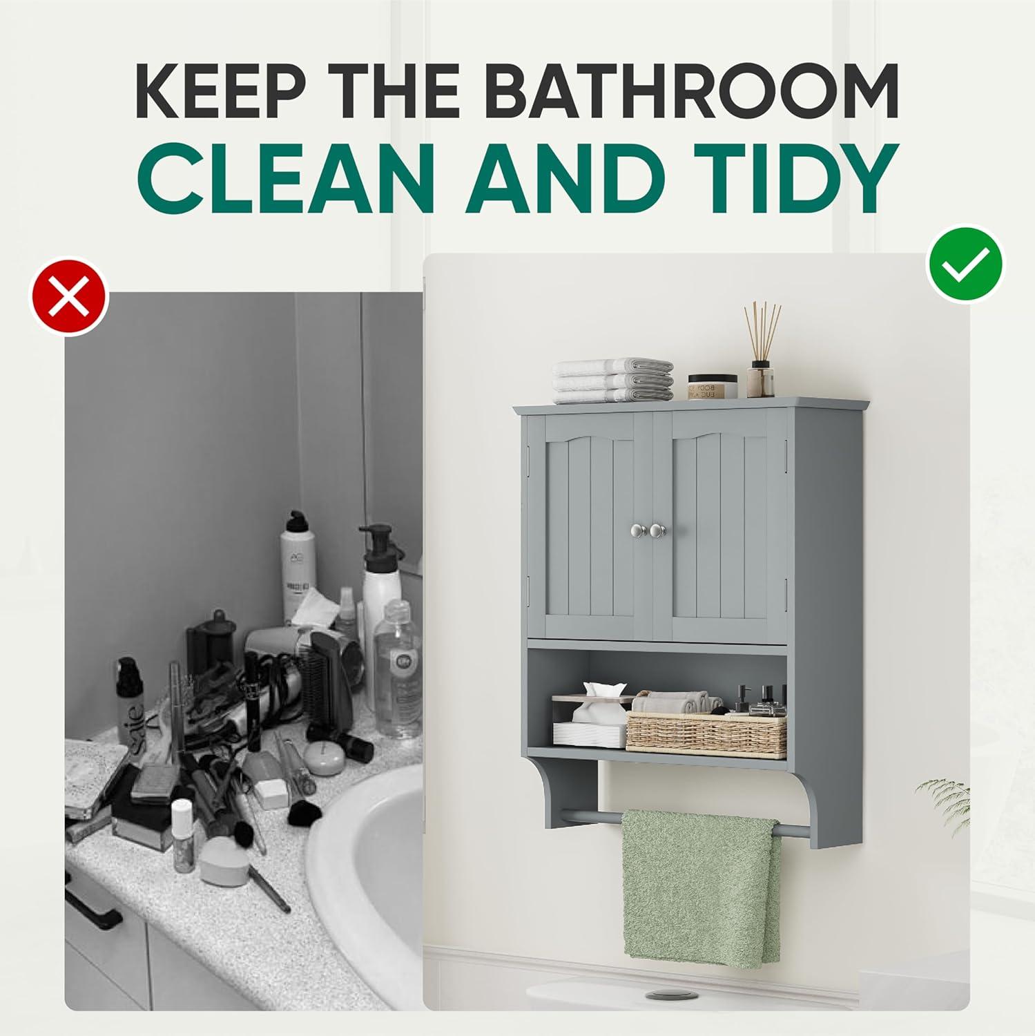 LOKO Wall Mounted Bathroom Cabinet with Towel Bar, Hanging Over The Toilet Storage Cabinet w/Adjustable Shelf, Medicine Cabinet Space-Saving Storage Organizer for Bathroom or Kitchen (Grey)