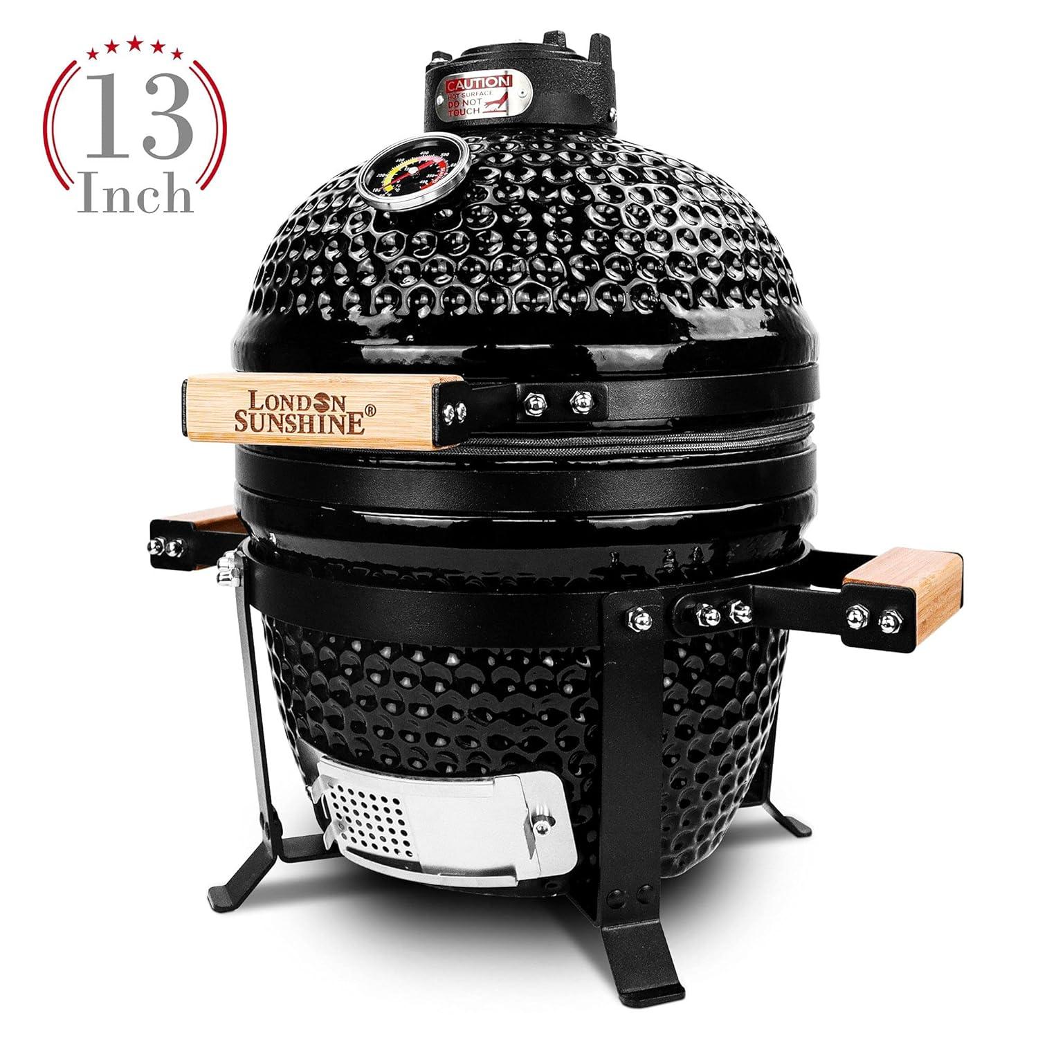Ceramic BBQ Charcoal Kamado Grill 13 inch Portable Tabletop BBQ Grill with Stainless Steel Grates Black, Black