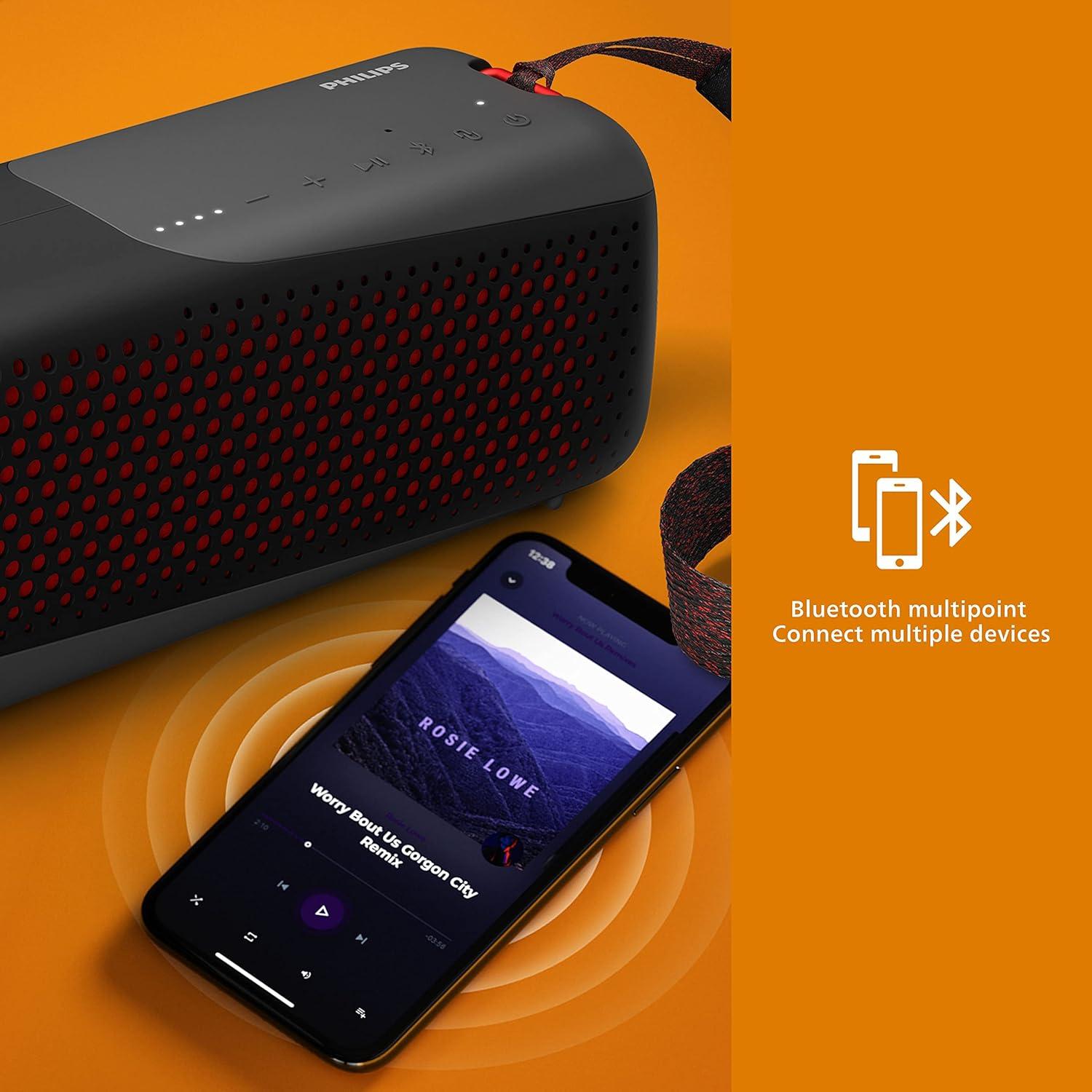 Philips S4807 Rugged Wireless Bluetooth Speaker with Bluetooth Multipoint Connection, IP67 Waterproof, Small Size, Black