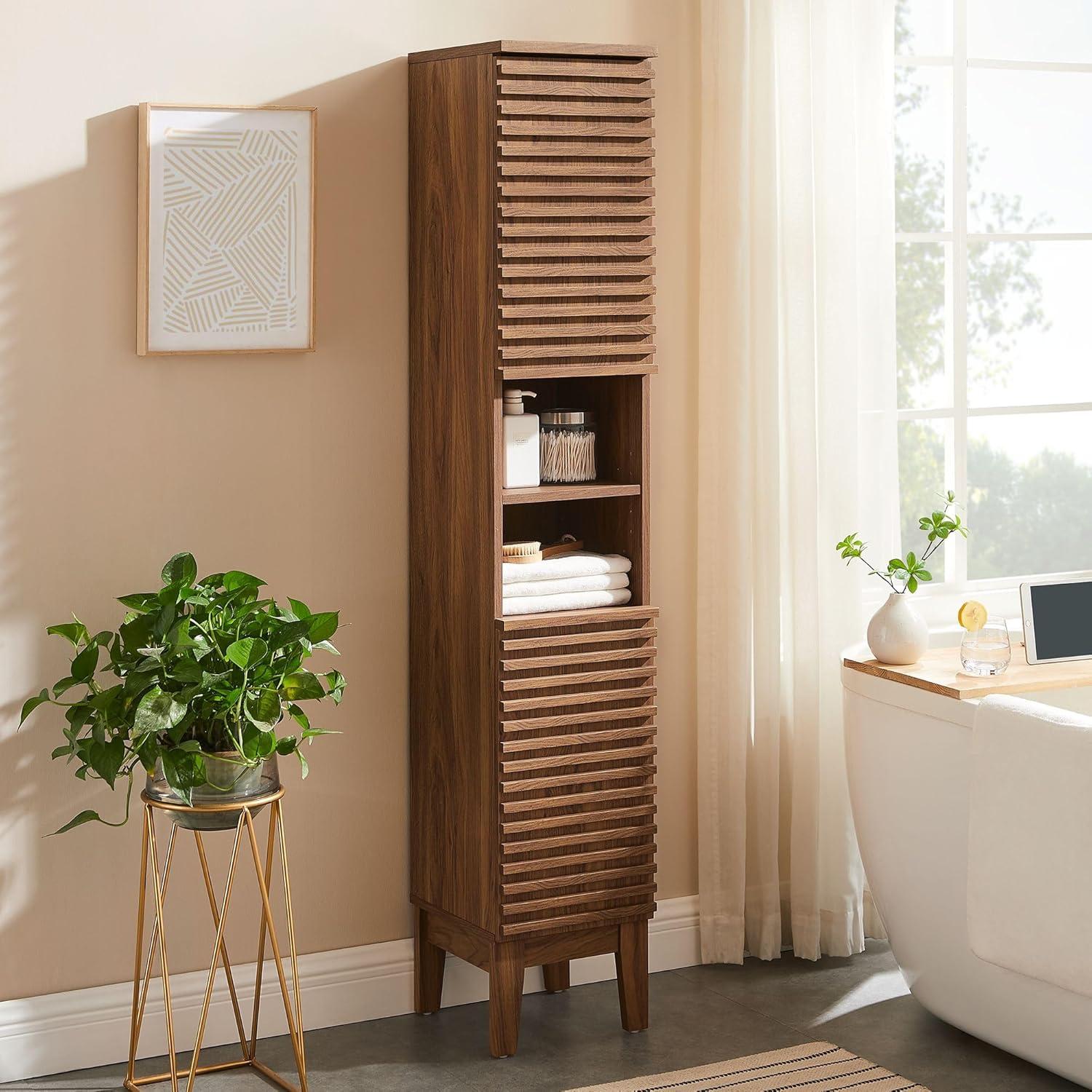 Walnut Tall Freestanding Cabinet with Adjustable Shelves