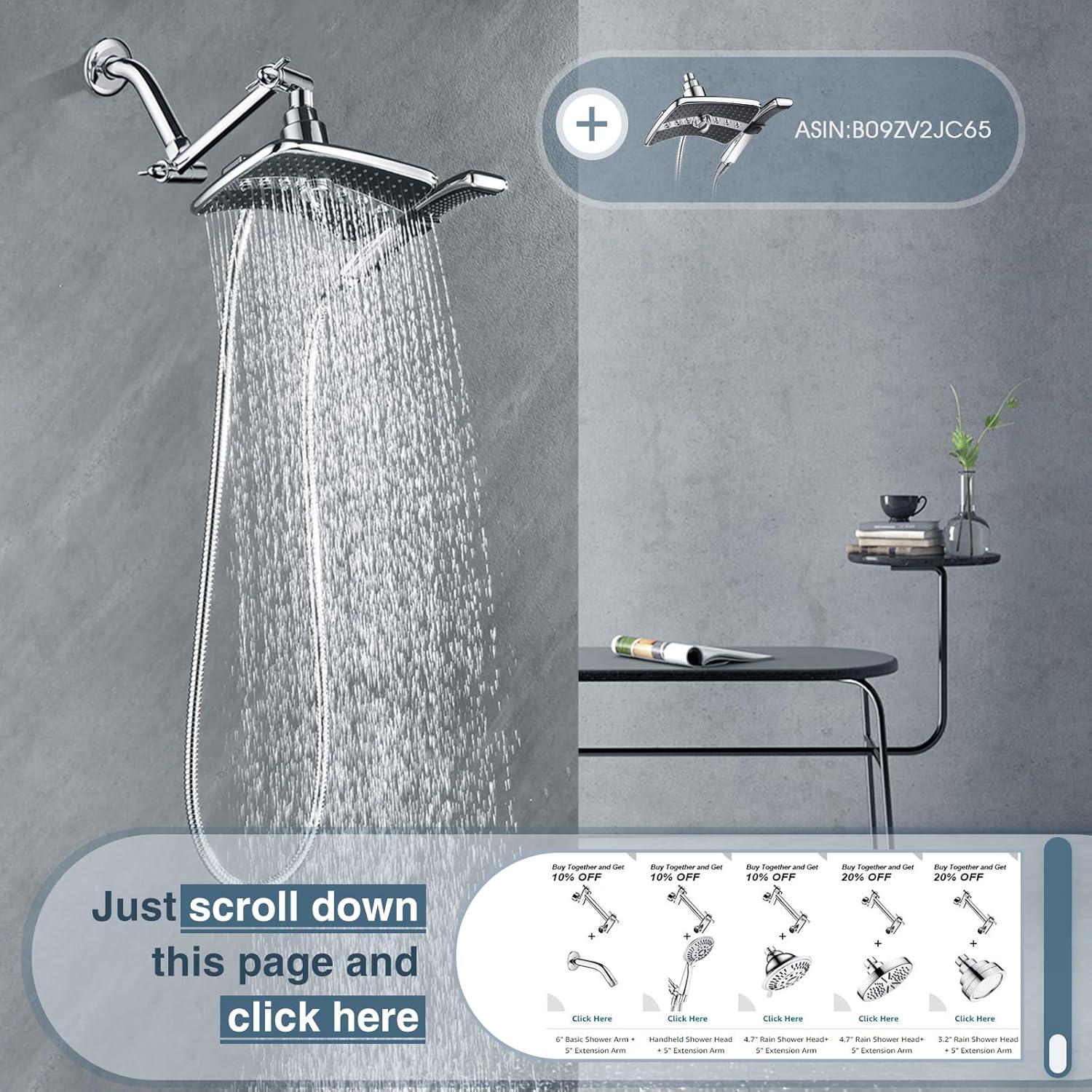 BRIGHT SHOWERS Brass Shower Arm Extender for Rain and Handheld Shower Head, 5 Inch Universal Shower Head Extension Arm, Height & Angle Adjustable, Chrome