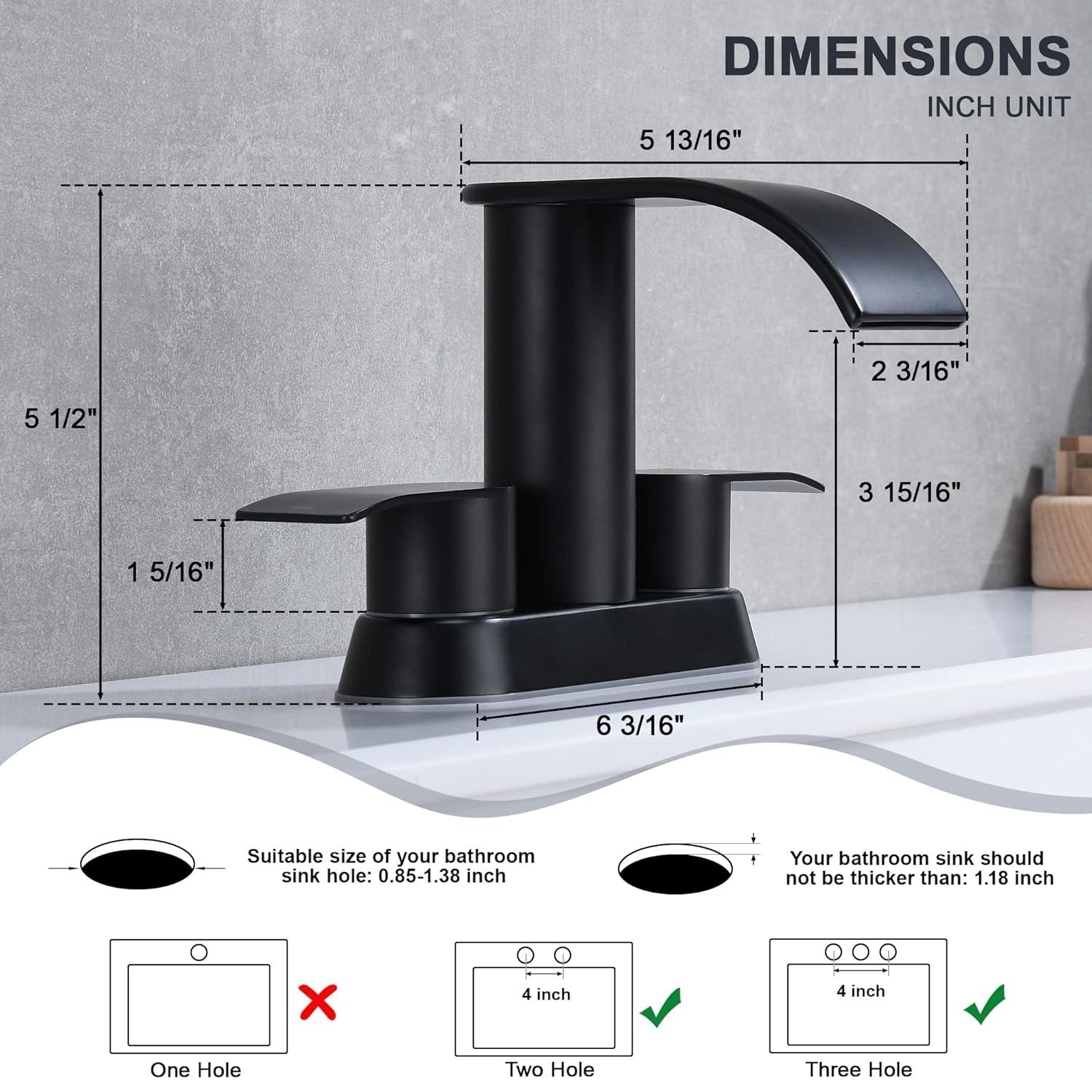 Waterfall Bathroom Sink Faucet Matte Black, Two Handles Bathroom Faucet with Metal Pop up Sink Drain Stopper, 2 or 3 Holes Bathroom Basin Lavatory Mixer Tap with Deck Mount Plate