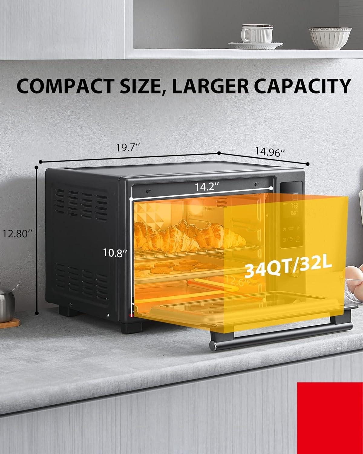 TOSHIBA Hot Convection Toaster Oven, Extra Large 34QT/32L, 9-in-1 Cooking Functions, Crispy Roast, Dehydrate, Rotisserie, 6 Accessories Included, 1650W, Black Stainless Steel