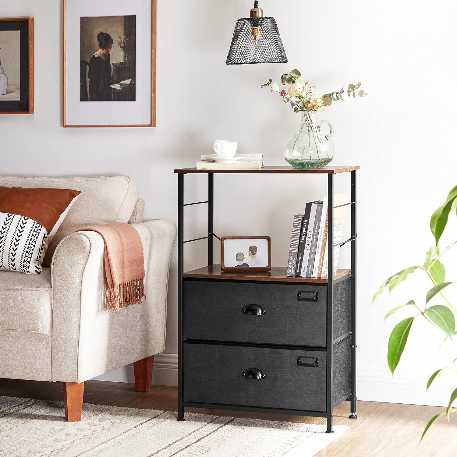 Industrial Black and Brown 2-Drawer Nightstand with Storage Shelves