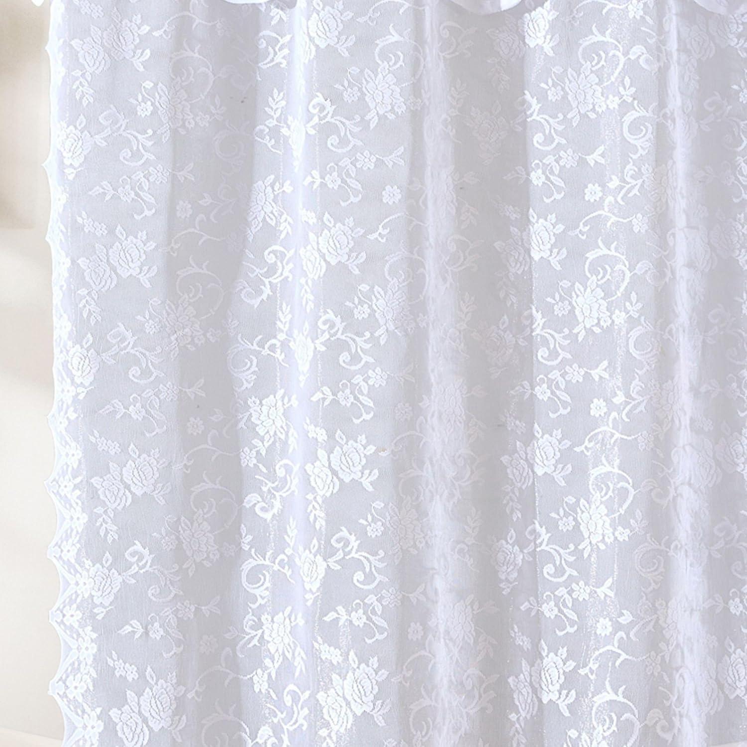 HLC.ME Harper Lace Shower Curtain for Bathroom with Floral Vine Design and Attached Valance – Elegant Victorian Classic Style - White, 72 W x 84 L