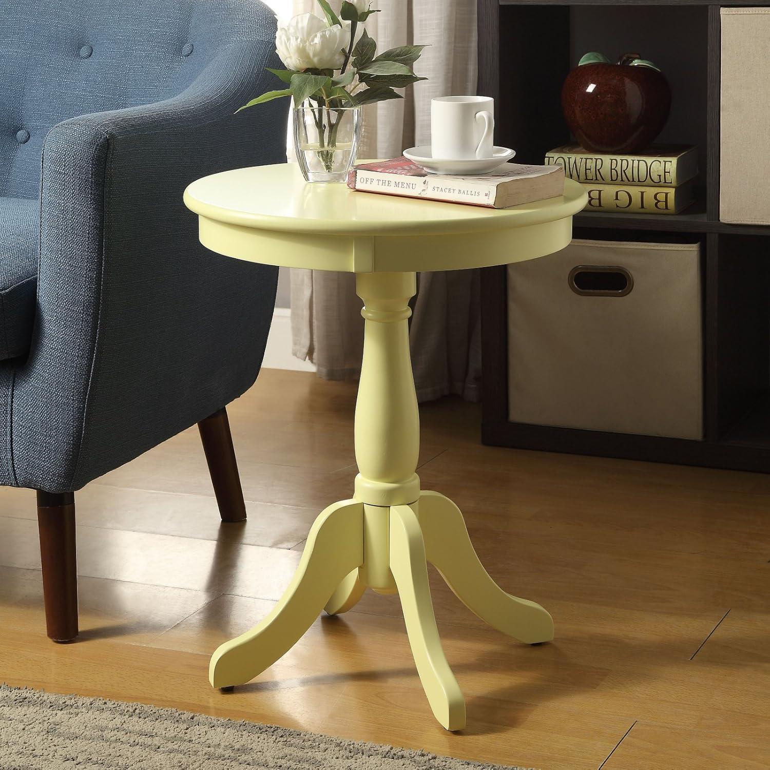 Pedestal Side Table, Round Solid Wood Sofa Side Table Coffee Table End Table with Turned Base and Stylized Knee Legs, Traditional Accent Table Nightstand for Living Room Bedroom Entryway, Light Yellow