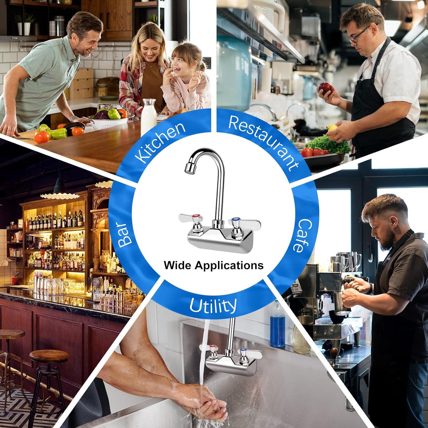 KWODE 4 Inch Center Commercial Hand Sink Faucet with 3-1/2”Gooseneck Spout, Dual Lever Handle Wall Mount Kitchen Sink Faucet, Brass Constructed, Chrome