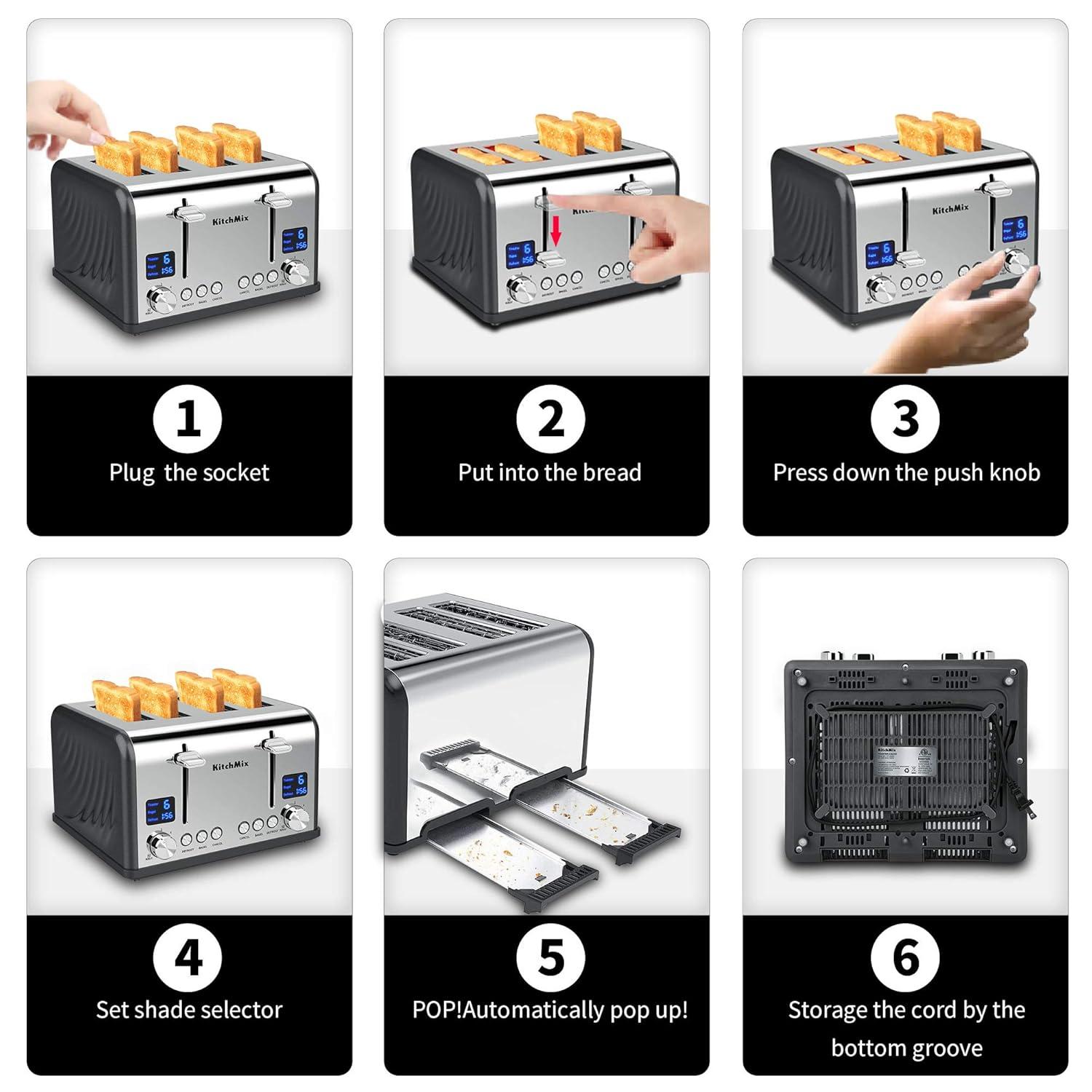 Modern Stainless Steel 4-Slice Toaster with LCD Display and Wide Slots