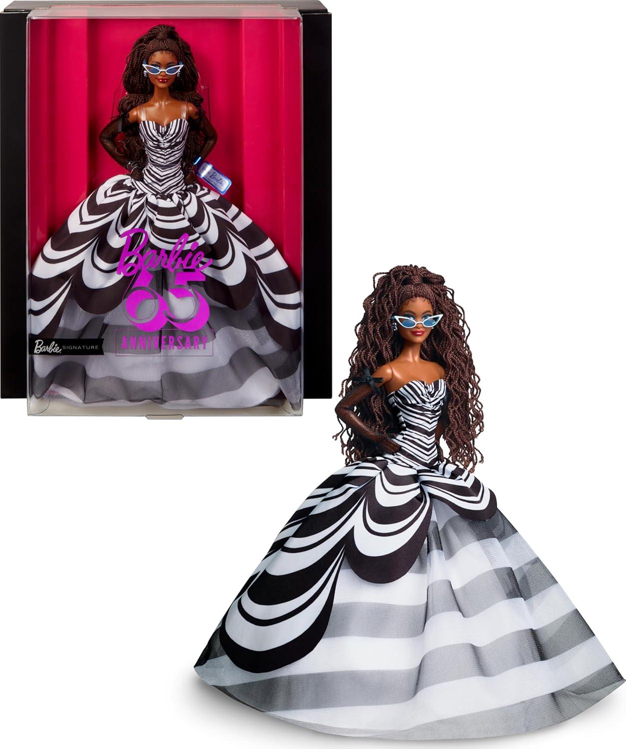 Barbie Signature 65th Anniversary Doll with Black Hair and Striped Gown