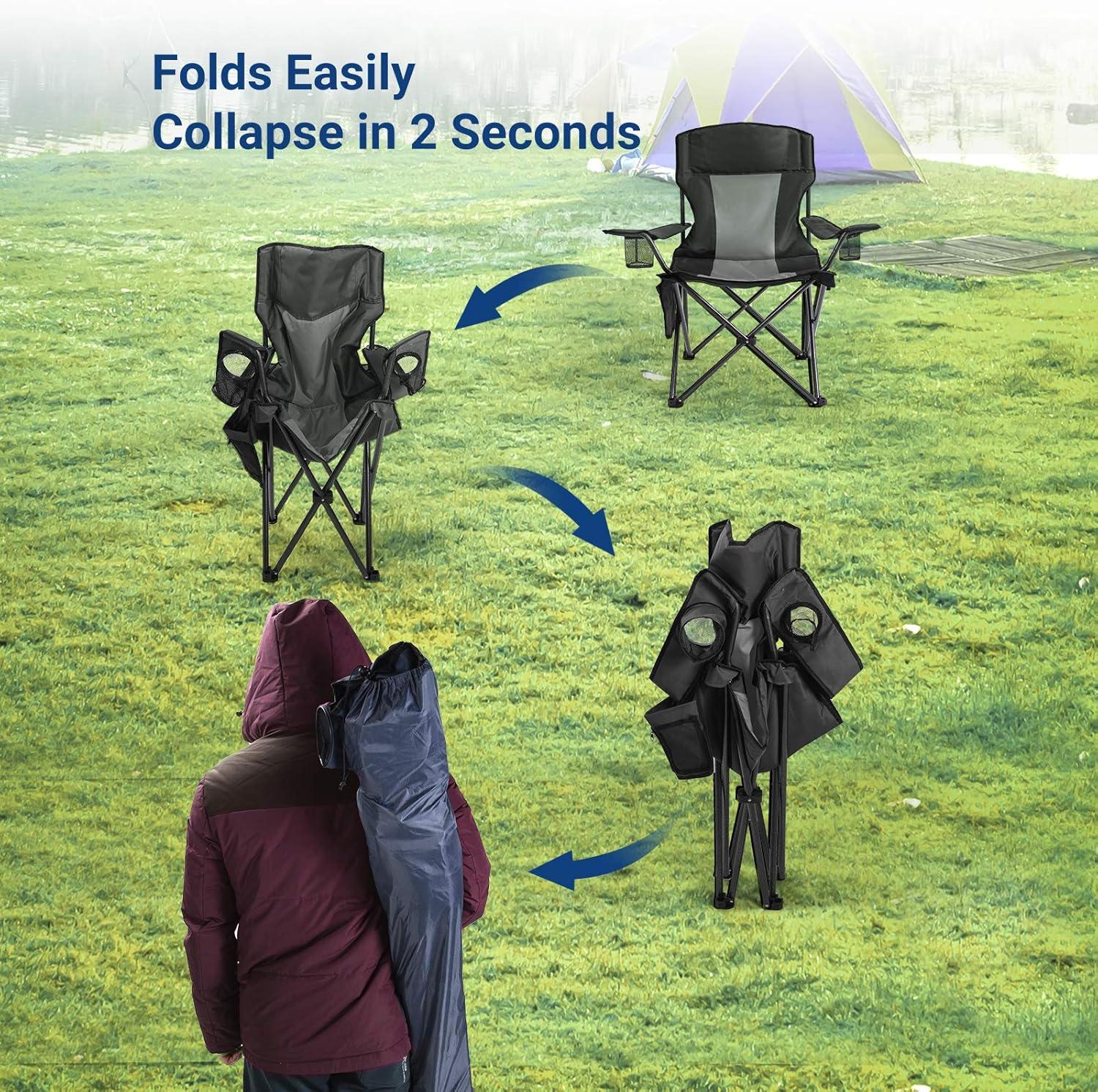 Camping Folding Chair Padded Quad Arm Chair with Large Cup Holders, Side Organizer & Back Pocket for Outdoor, Camp, Indoor, Patio, Fishing, Supports 350lbs , Black and Gray