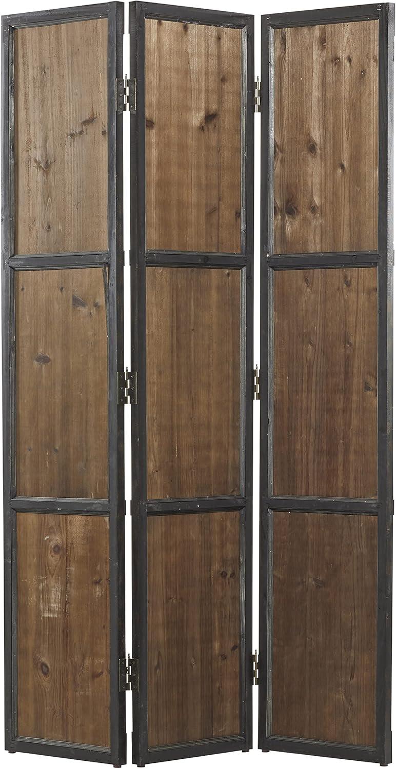 DecMode 48" x 71" Brown Wood Hinged Foldable Partition 3 Panel Room Divider Screen with Solid Wood Panels, 1-Piece