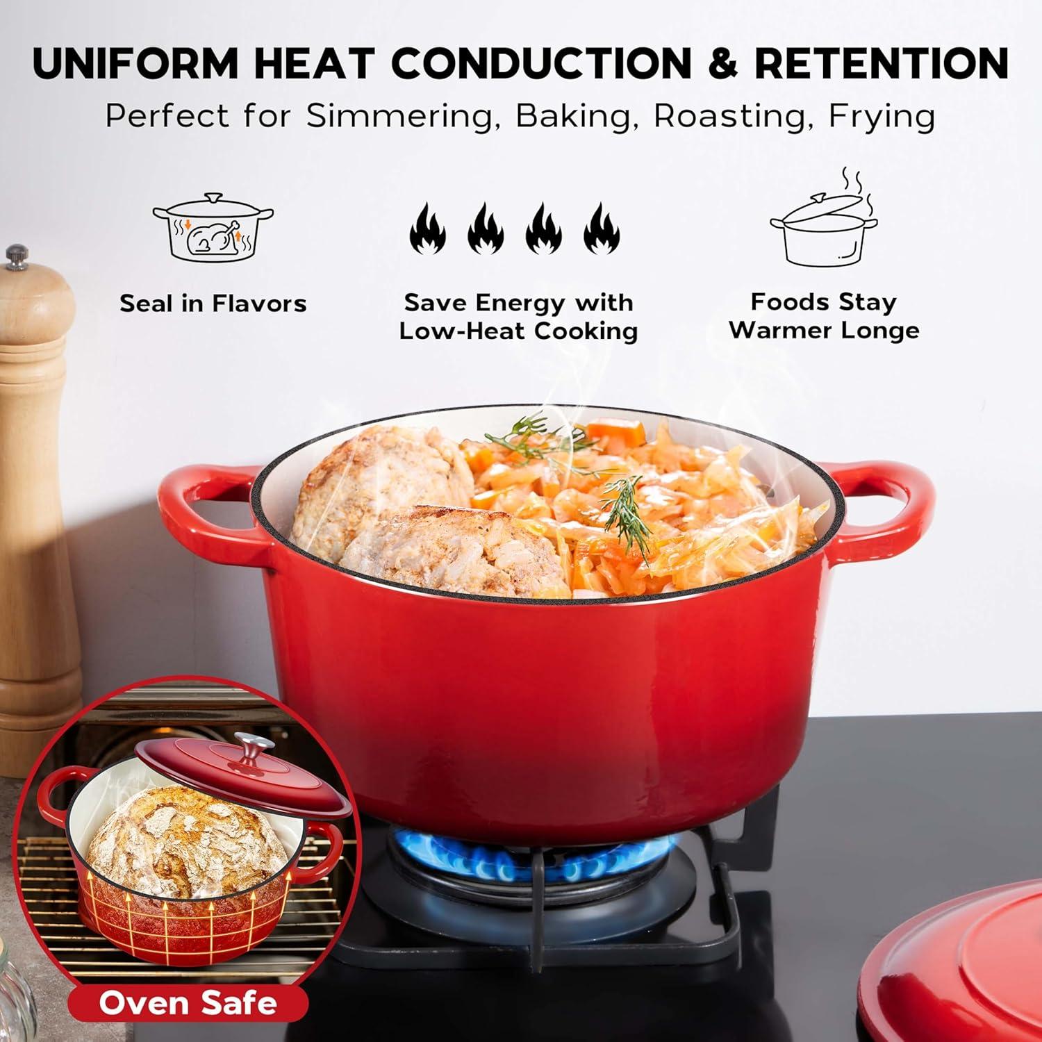 Onader 5QT Enameled Cast Iron Dutch Oven, Round Dutch Oven Pot with Lid for Sourdough Bread Baking - Red