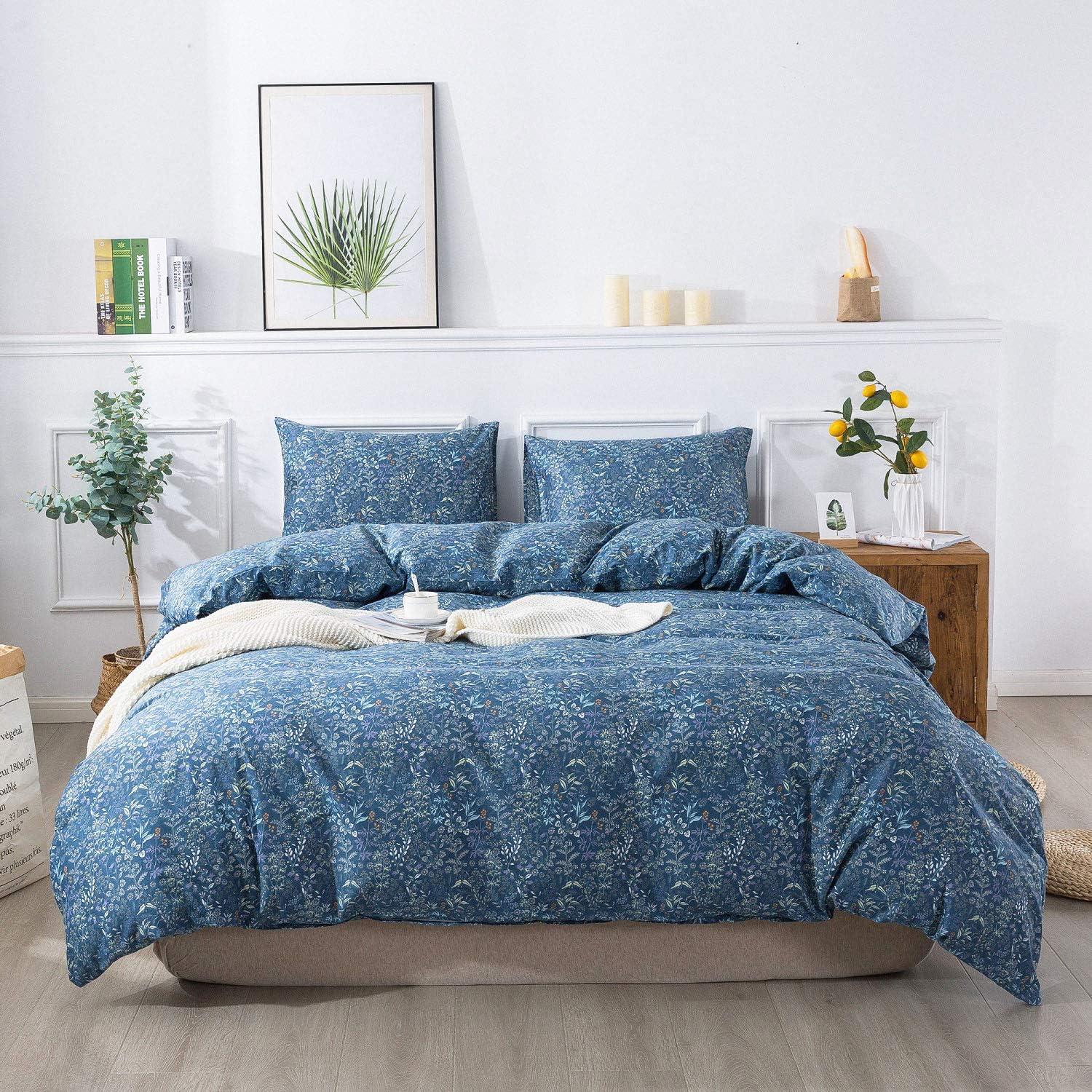 Blue Floral Cotton Queen/Full Duvet Cover Set