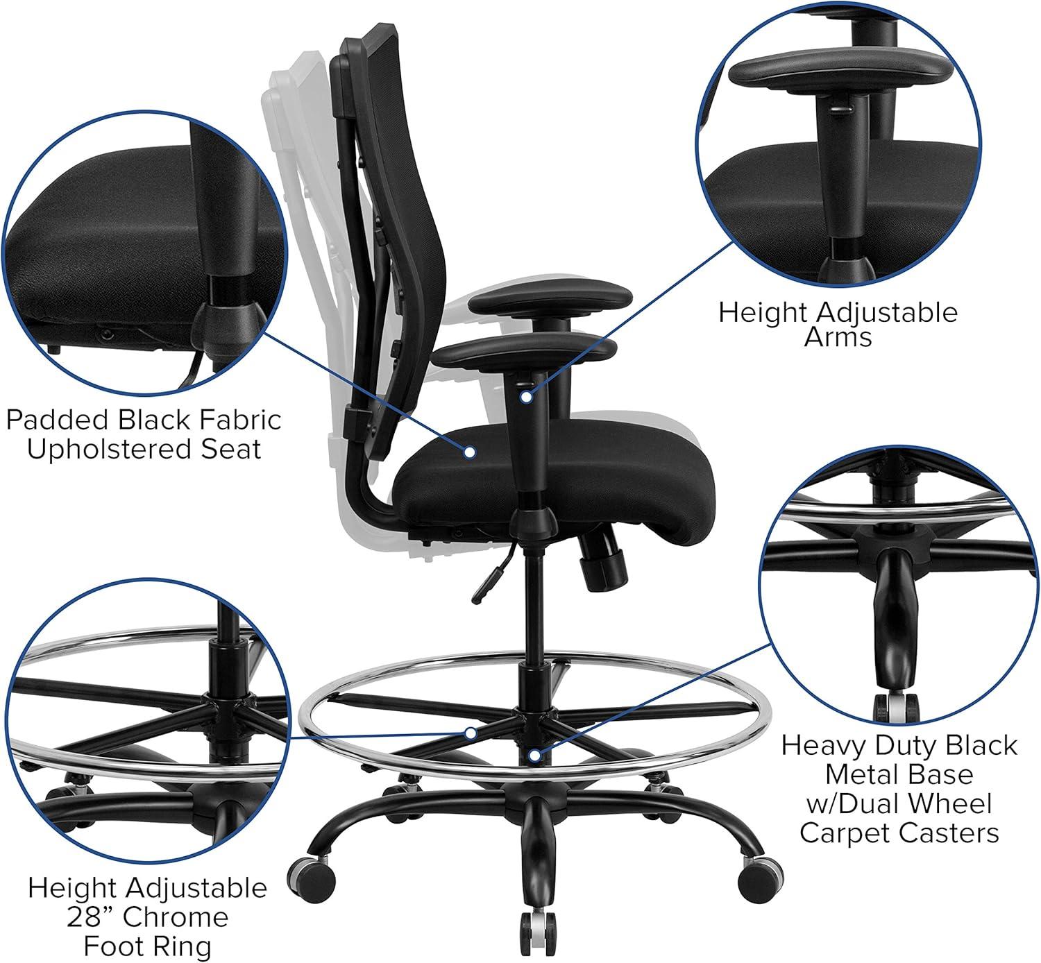 ErgoFlex Black Mesh Metal Drafting Chair with Adjustable Arms and High Back