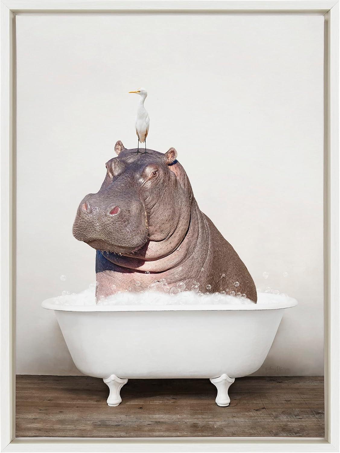 18" x 24" Sylvie Hippo and Bird in Rustic Bath Framed Canvas by Amy Peterson - Kate & Laurel All Things Decor