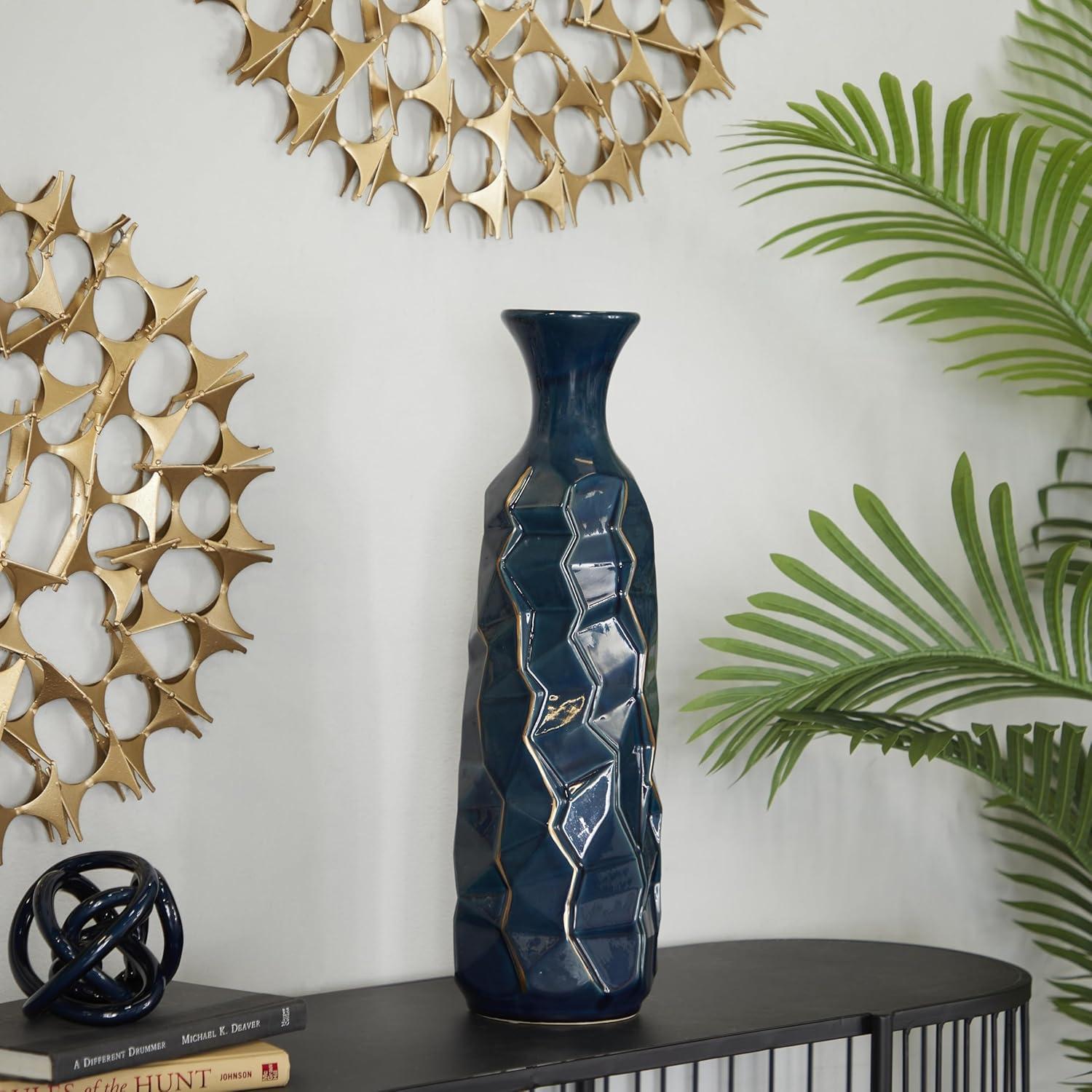 DecMode Blue Ceramic Modern and Coastal Vase 5"W x 15"H, featuring Minimalist Design with clean Lines and Angular Structures