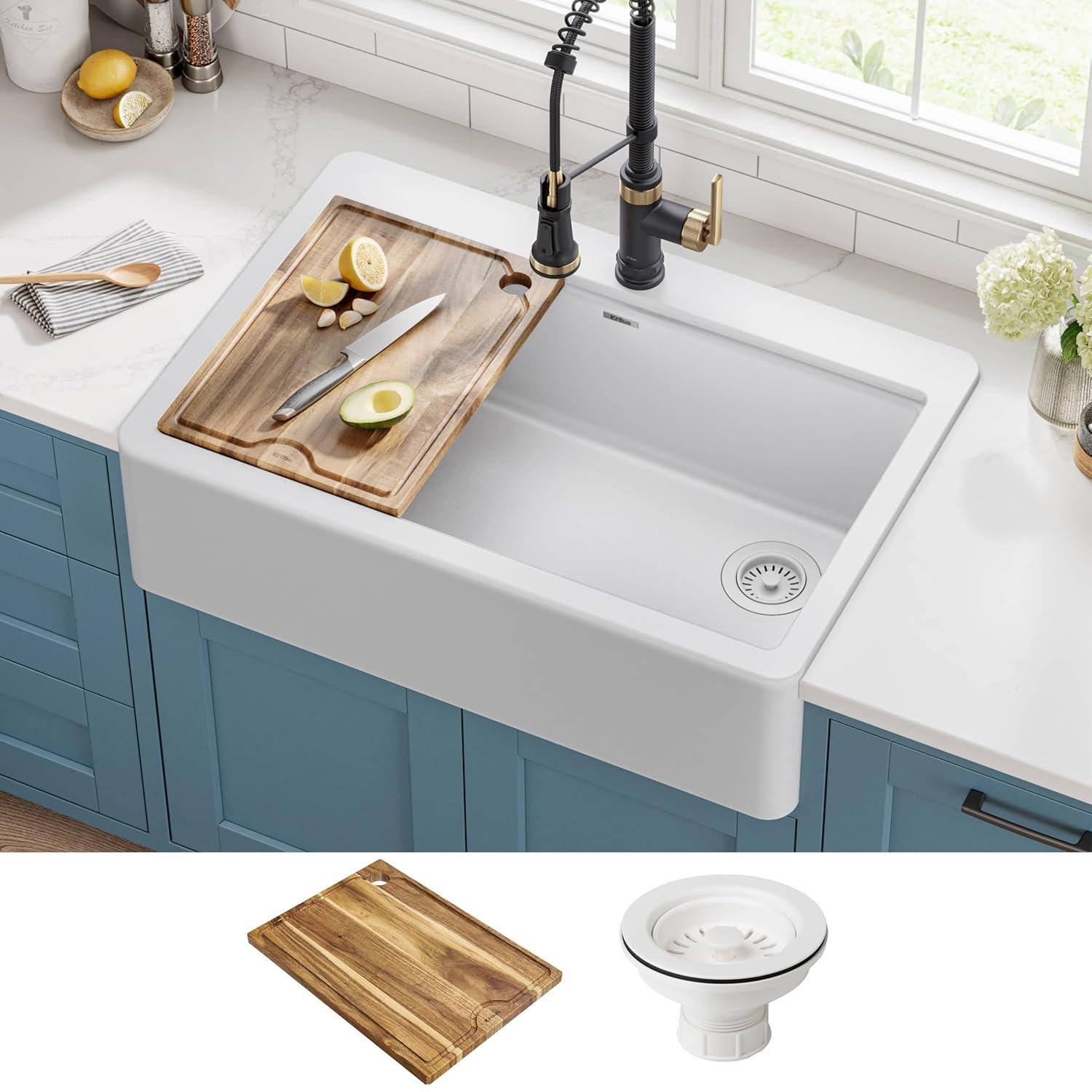 KRAUS Bellucci 33” Workstation Drop In Retrofit Farmhouse Single Bowl Granite Kitchen Sink With Accessories