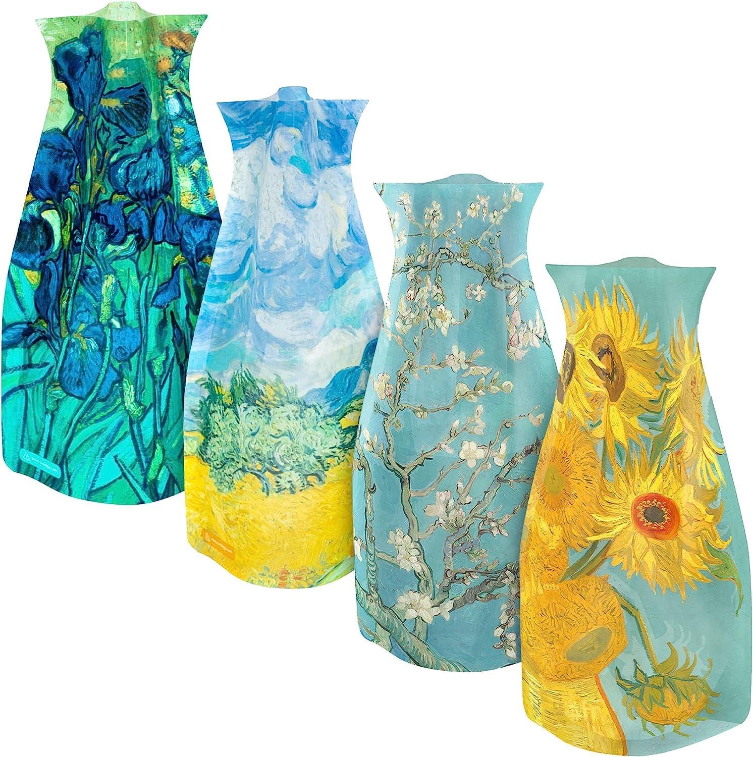 MODGY Expandable Flower Vase Set, Plastic Decorative Modern Foldable Printed Vases for Centerpieces for Wedding, Dining Table, Home Decor, Living Room, Bathroom, Office, Vincent Van Gogh, 4 Pack