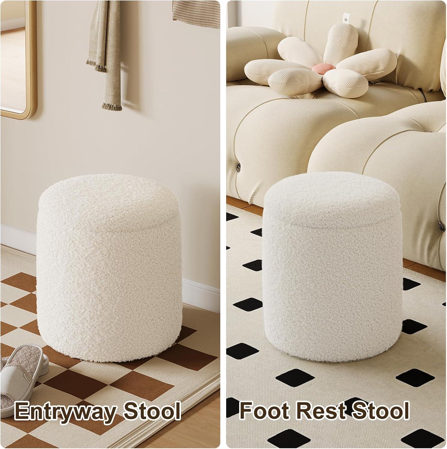 White Boucle Round Storage Ottoman Set with Wooden Lid