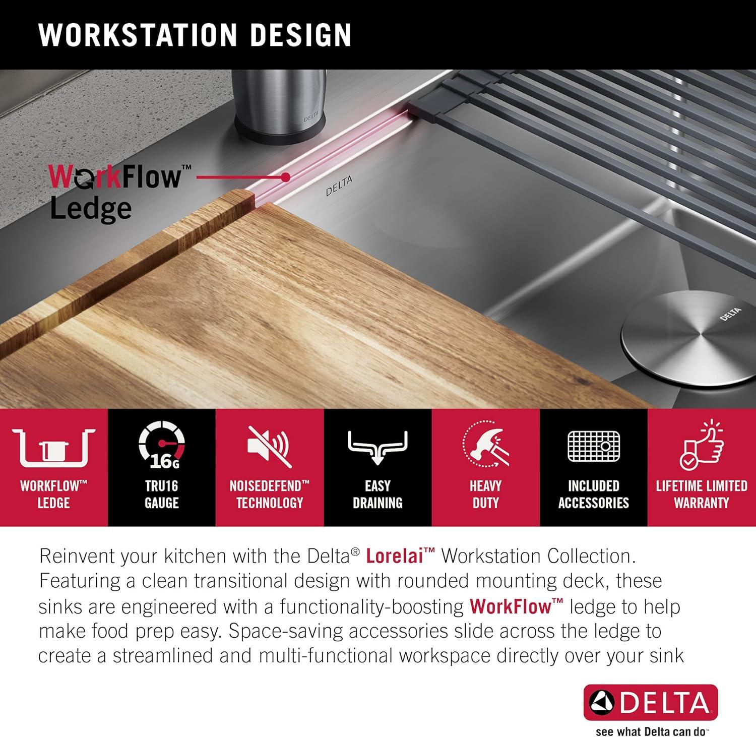 Delta Lorelai™ 25" L Workstation Kitchen Sink Drop-In Top Mount 16 Gauge Stainless Steel Single Bowl