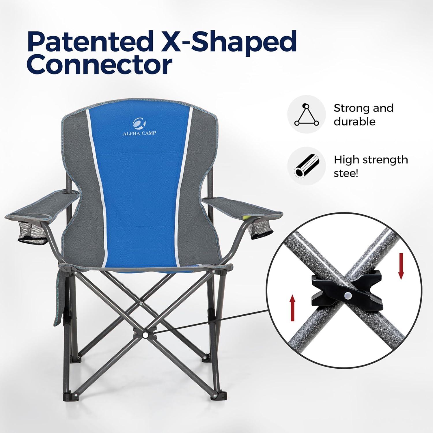 Oversized Camping Folding Chair Padded Arm Chair with Cup Holder Blue Grey