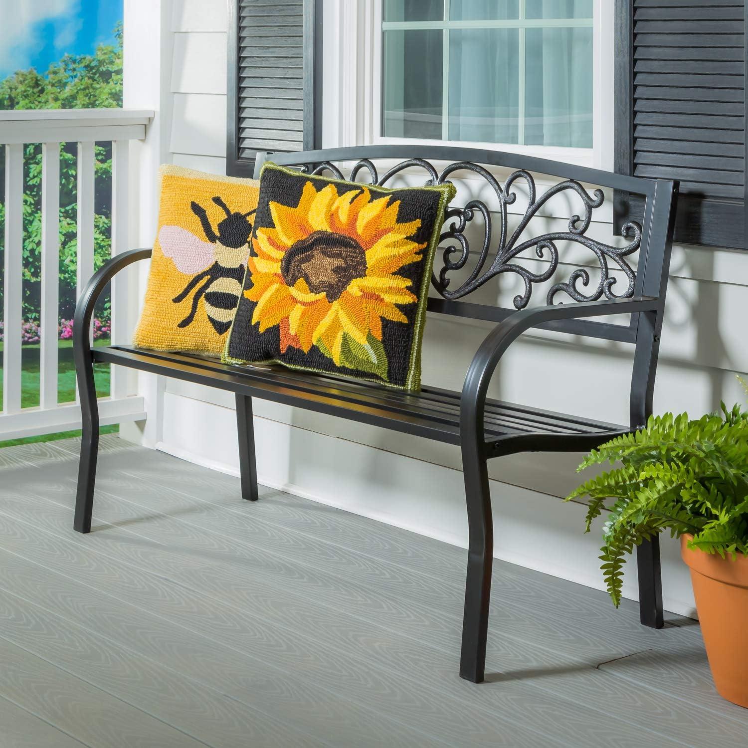 Evergreen Blooming Garden Metal Bench, Black