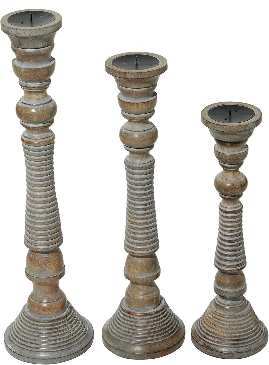 Mocha Brown Mango Wood Candlestick Trio with Gray Wash