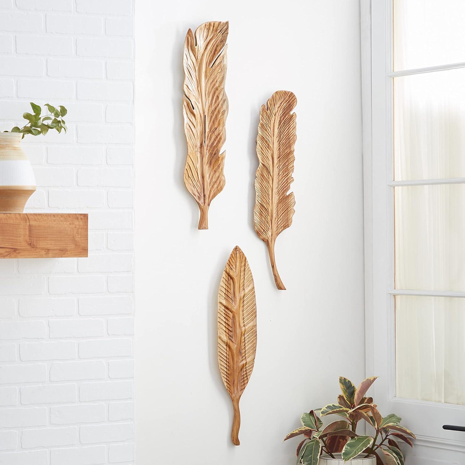 Rustic Teak Wood Carved Feather Wall Art Trio, Brown, 27" Height