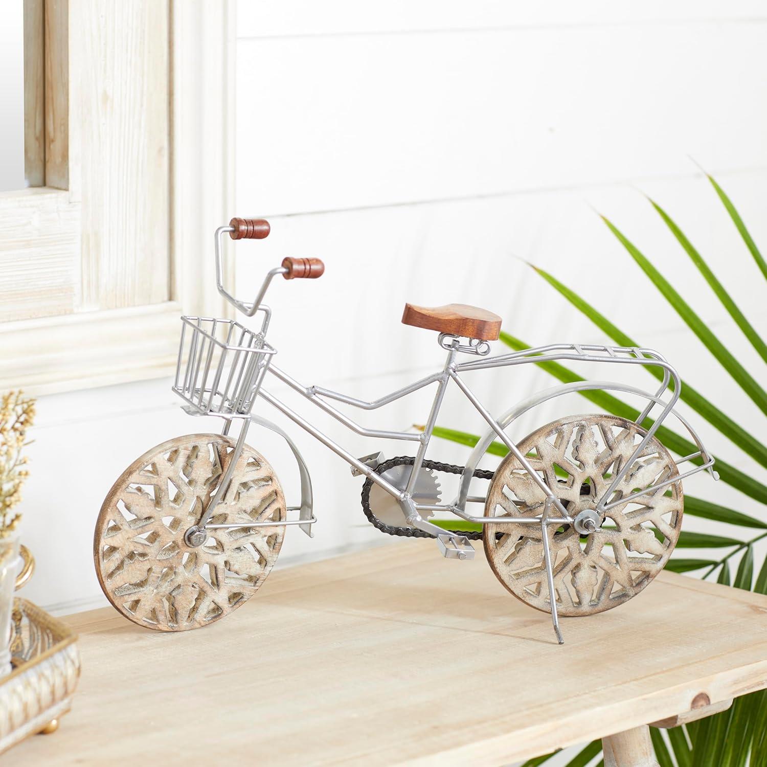 4"W, 8"H Multi Colored Metal Bike Sculpture with Wood Wheels, by DecMode (2 Count)