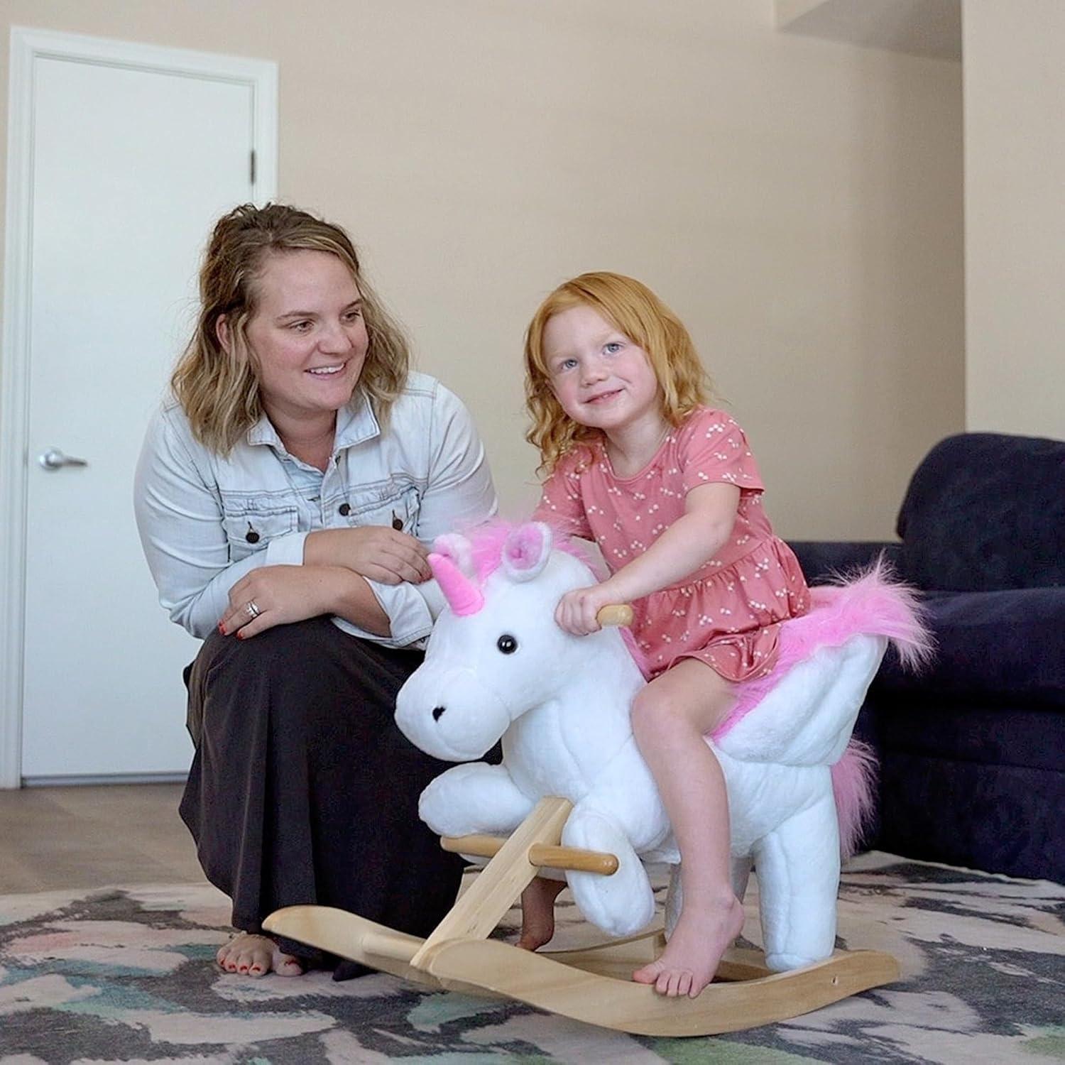 Qaba Kids Rocking Horse, Wooden Plush Ride-On Unicorn Chair Toy with Lullby Song for 18-36 months children