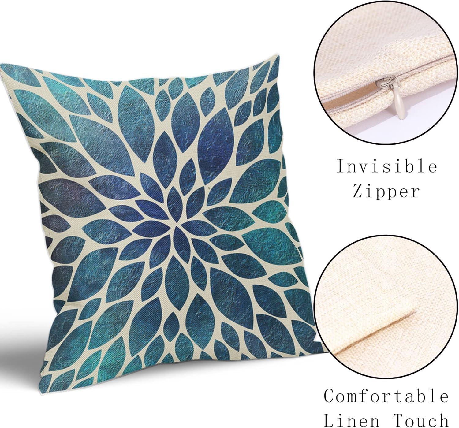 Navy Blue Teal Dahlia Floral Cotton Polyester Euro Pillow Covers