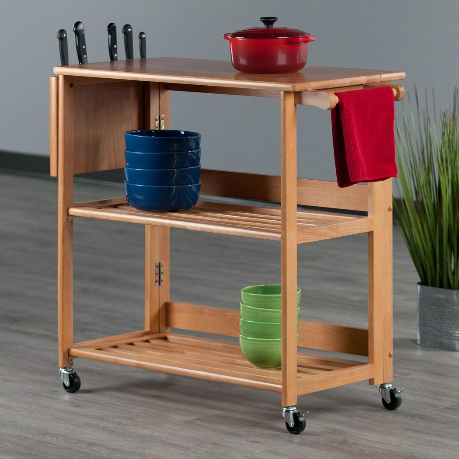 Light Oak Foldable Kitchen Cart with Butcher Block Top