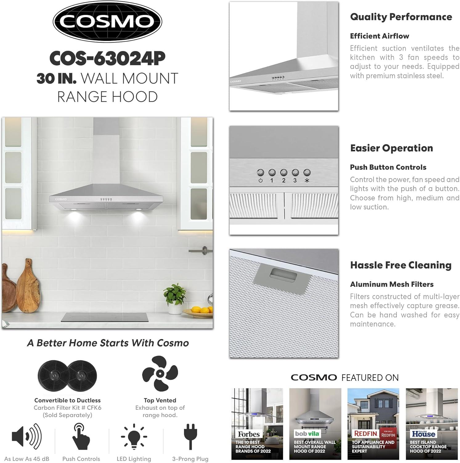 Cosmo Stainless Steel 250 CFM Ducted (Vented) Wall Range Hood with Mesh Filter