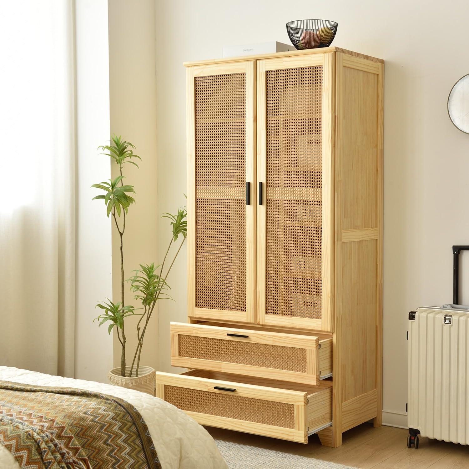 Bay Isle Home™ Solid Pine Wood Rattan Closet with 2 Drawers