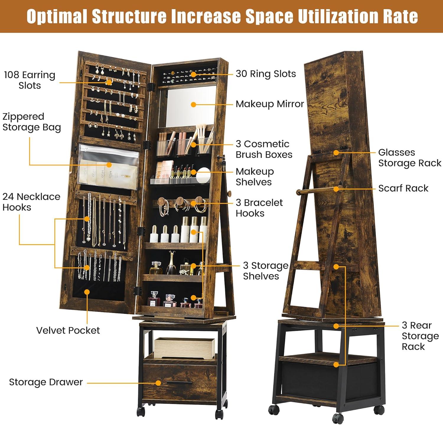 Garvee 360¡ã Swivel Jewelry Armoire, 66" H Floor Standing Locking with Full Length Mirror, Inside Makeup Mirror, Rear Storage Shelves, Brown