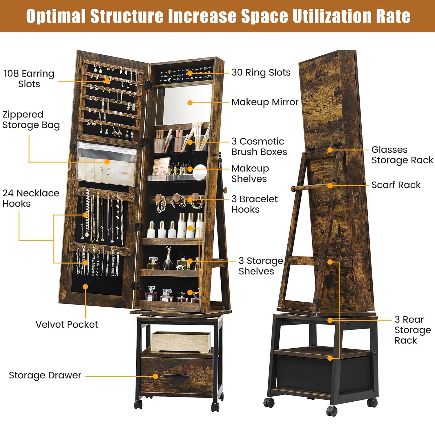 Garvee 360¡ã Swivel Jewelry Armoire, 66" H Floor Standing Locking with Full Length Mirror, Inside Makeup Mirror, Rear Storage Shelves, Brown