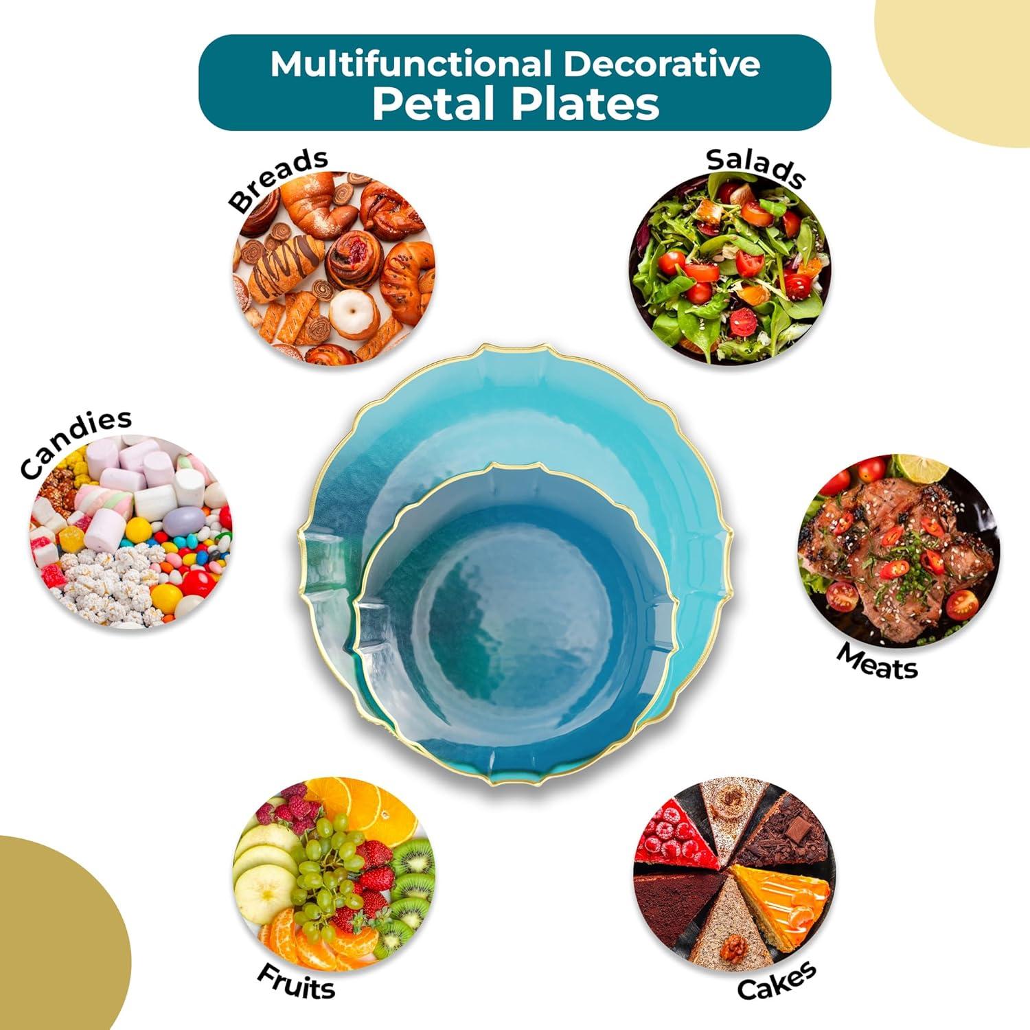 Trendables 40 Pieces Plastic Disposable Wedding Plates Set - 20 x 7.5" & 20 x 10" Thin & Delicate Peacock Tinted Petals Plates with Gold Rim-Serves 40