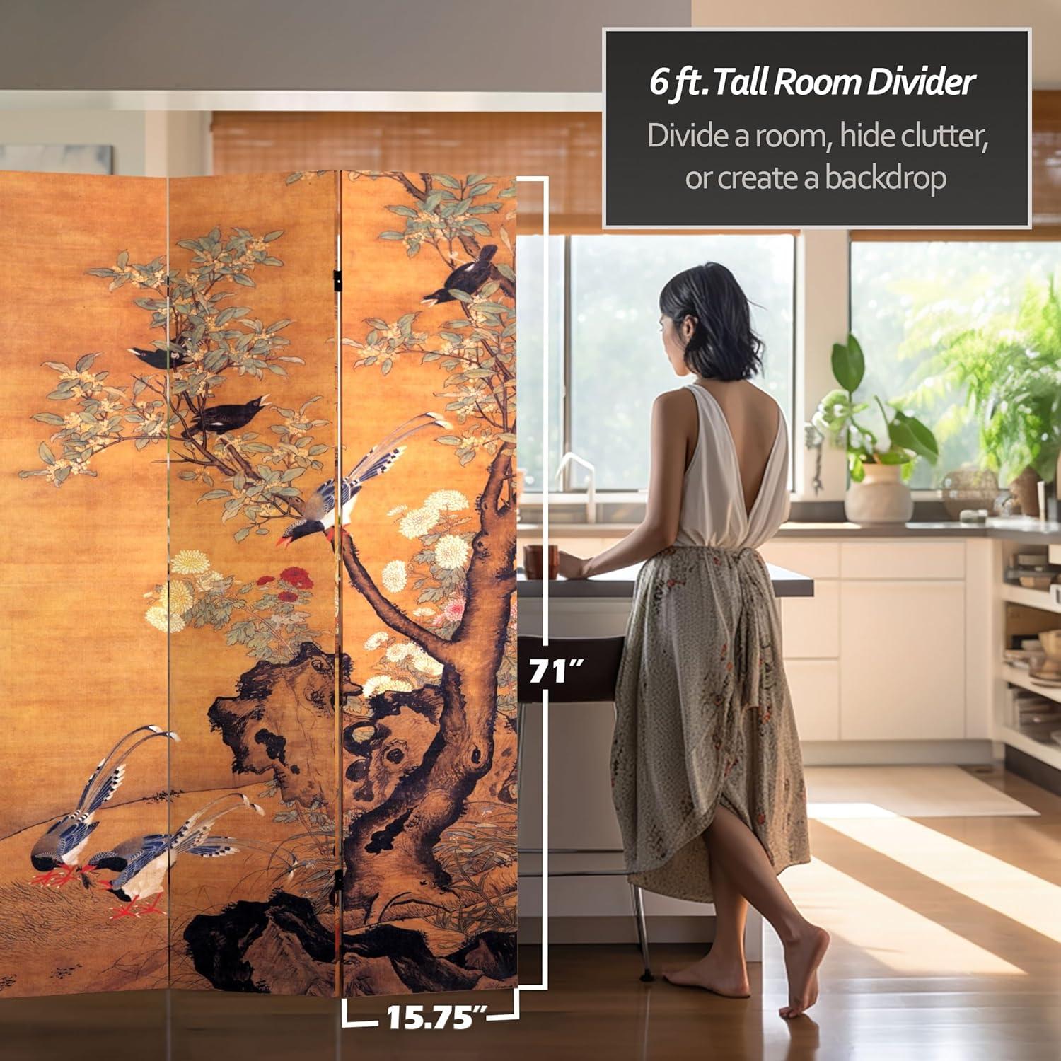 6' Tall Double Sided Chinese Landscapes Canvas Room Divider - Oriental Furniture: 3-Panel, Wood Composite