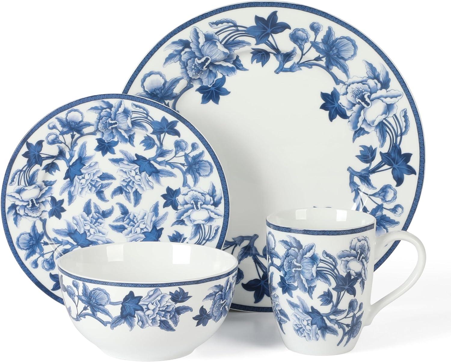 Vintage Blue Floral Porcelain 16-Piece Dinnerware Set