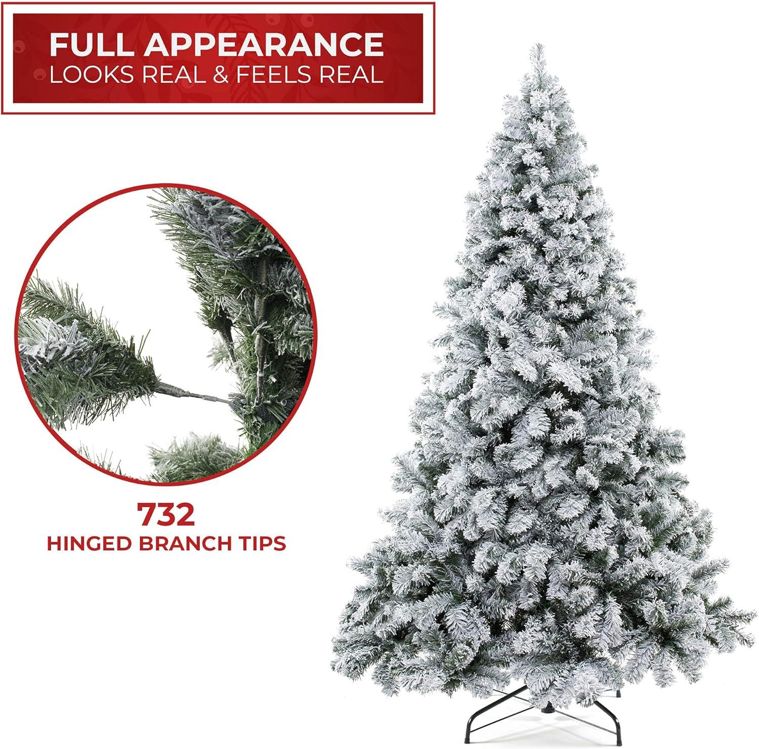 Casafield Realistic Snow-Flocked Pine Artificial Holiday Christmas Tree with Sturdy Metal Stand