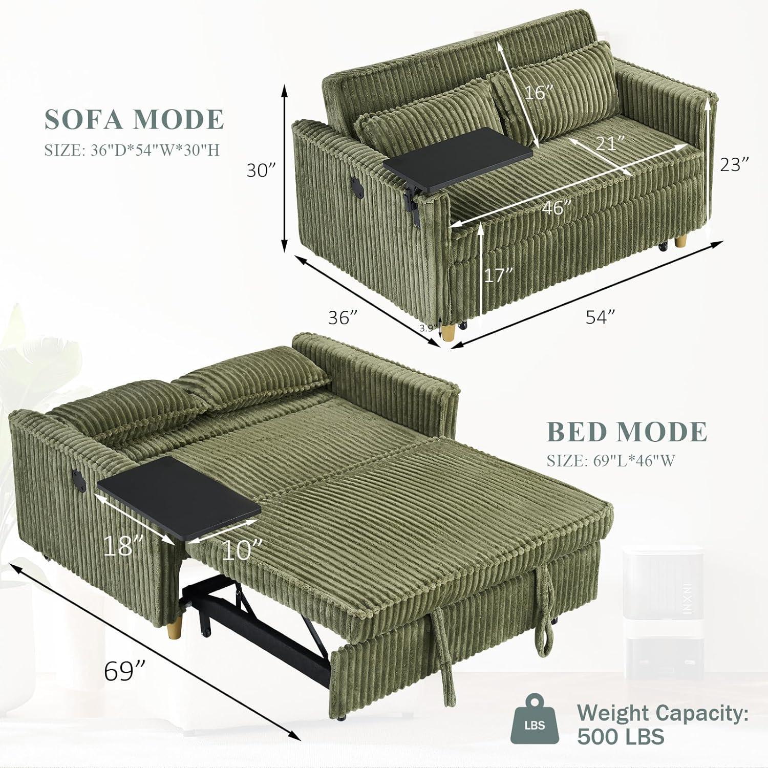54"W Convertible Sleeper Sofa Bed,3-In-1 Corduroy Pull Out Couch Bed,Futon Loveseat Sleeper Couch with Adjustable Backrest and USB Ports & Side Table,Recliner for Living Room,Office,Small Space,Green