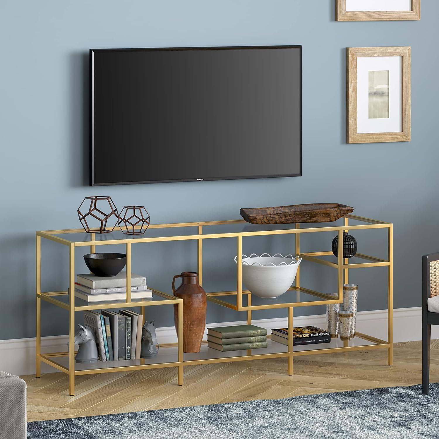 Evelyn&Zoe Deveraux Rectangular TV Stand with Glass Shelves for TV's up to 65", Brass