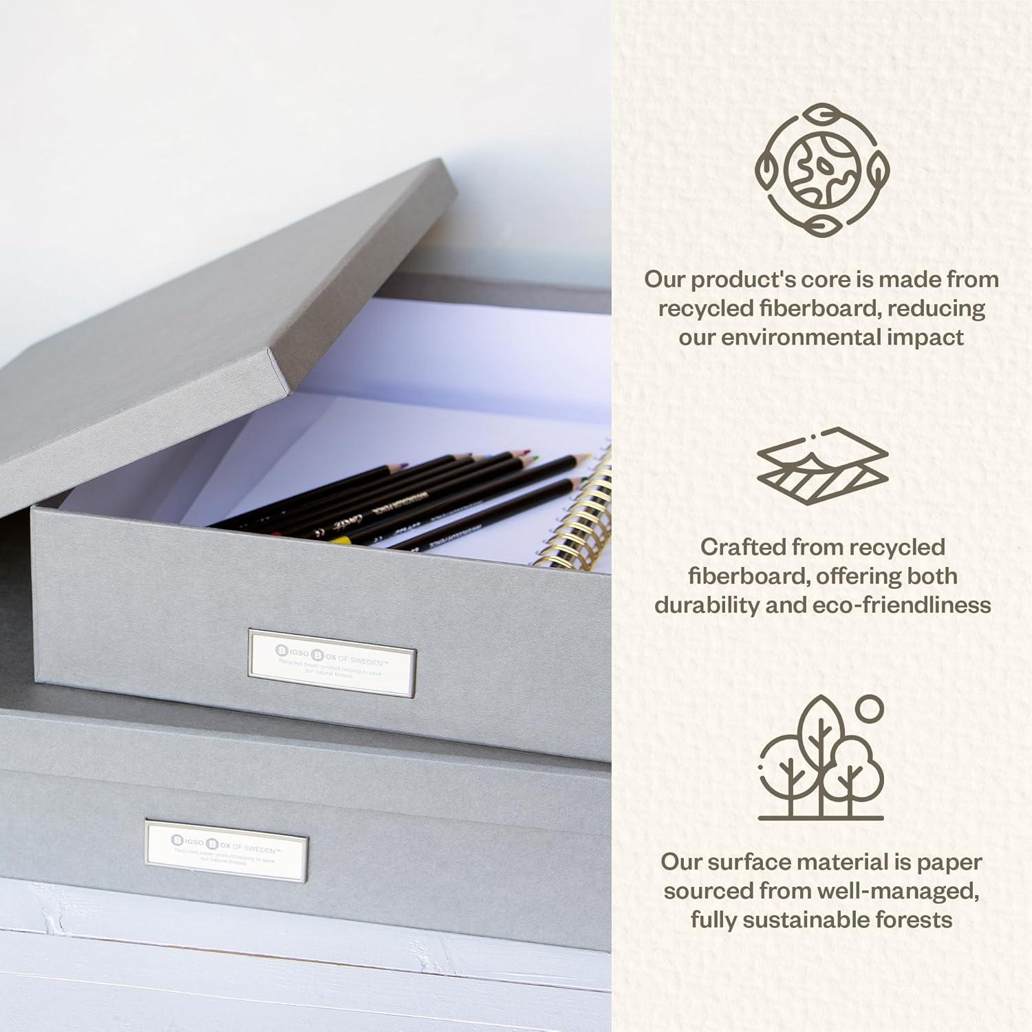 Bigso Box of Sweden Sverker Fiberboard Legal and Art Storage Box | Scrapbook Storage Box| Durable Document Boxes with Lid and Metal Label Holder | 17.1’’ x 12.2’’ x 3.3’’ | Grey