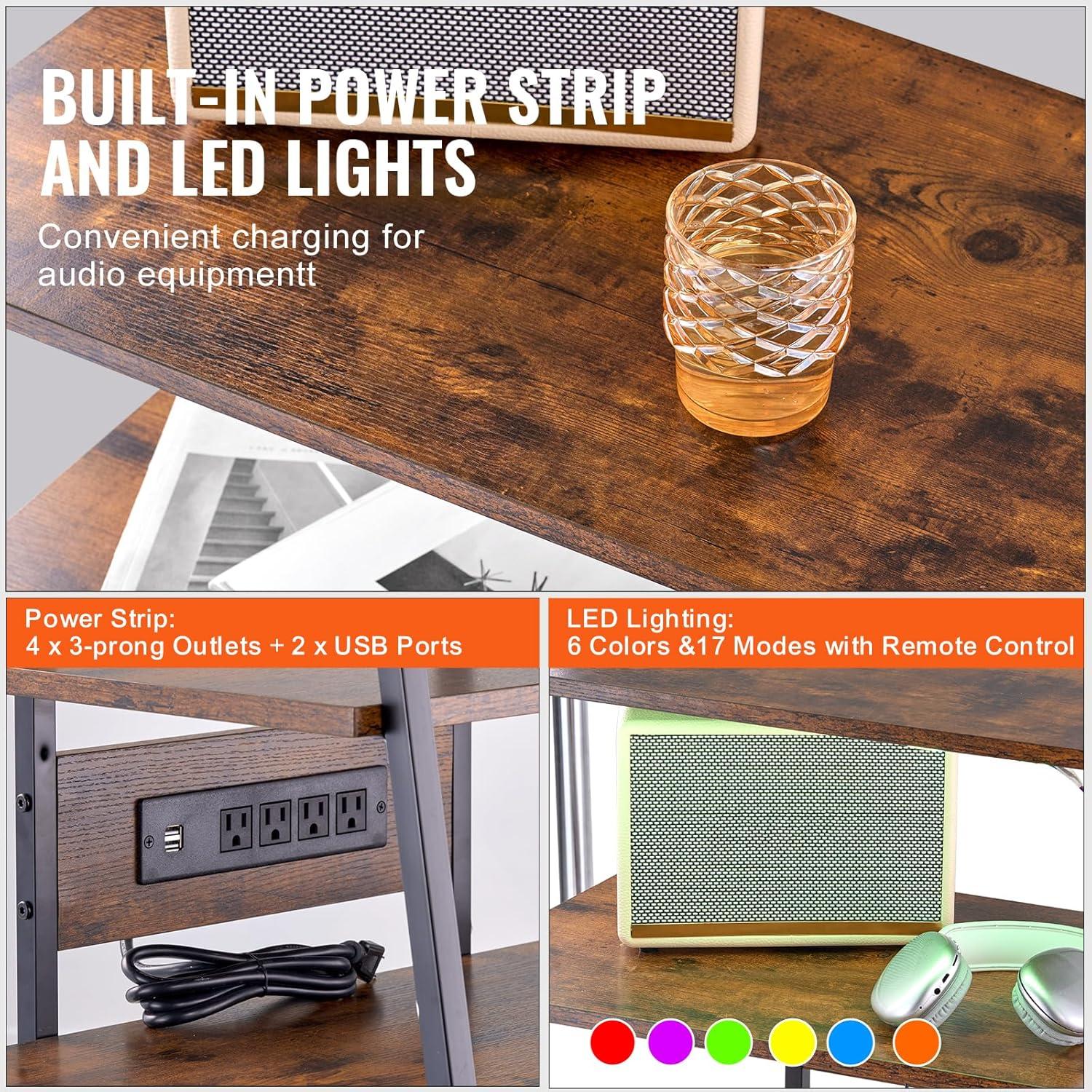 VEVOR 4-Tier AV Media Stand with Power Strips, Corner TV Stand with LED Lights, Height Adjustable Wooden Shelves