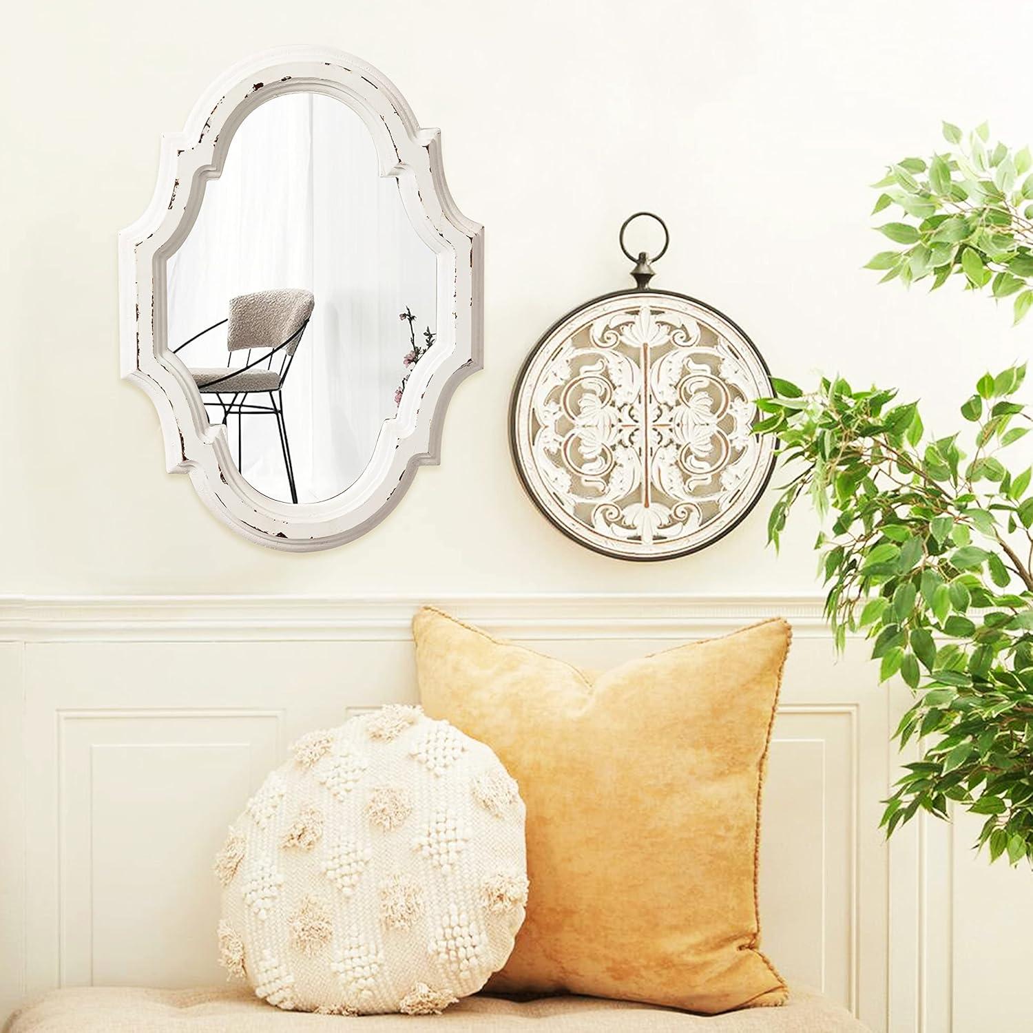 Sintosin Vintage Oval Mirrors for Wall Decor 11", Hanging Farmhouse Wood Entryway Mirror, Handmade Distressed White Rustic Scalloped Mirror Wall Decor, Ornate Accent Sculpted Mirror for Bedroom