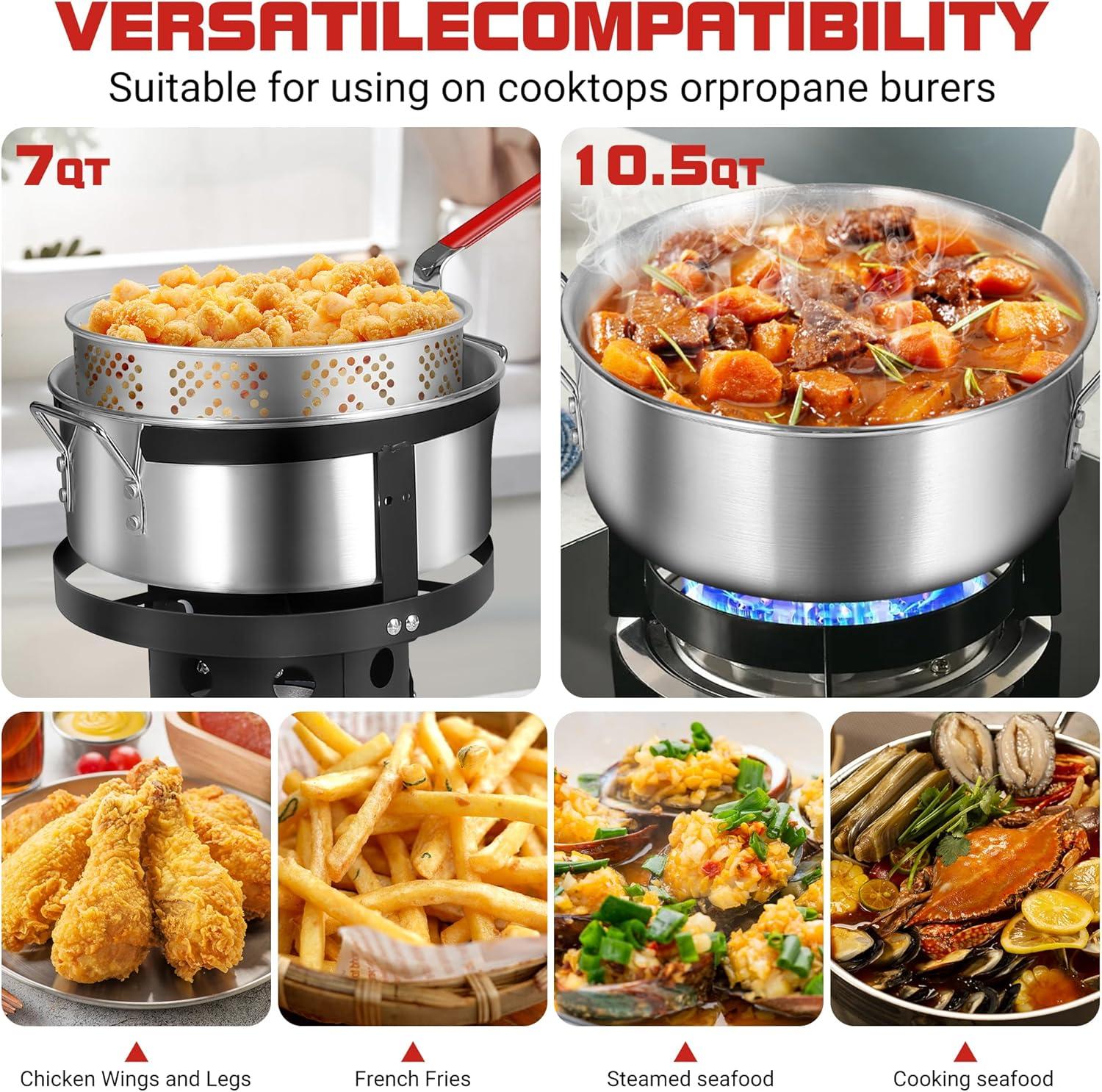 Outvita 30 Qt Turkey Deep Fryer & 10QT Fish Fryer Kit w/Baskets,Aluminum Fish & Seafood Boiler Steamer with 54,000 BTU Propane Gas Burner Stand Injector Thermometer Hose, Ideal for Outdoor Fry