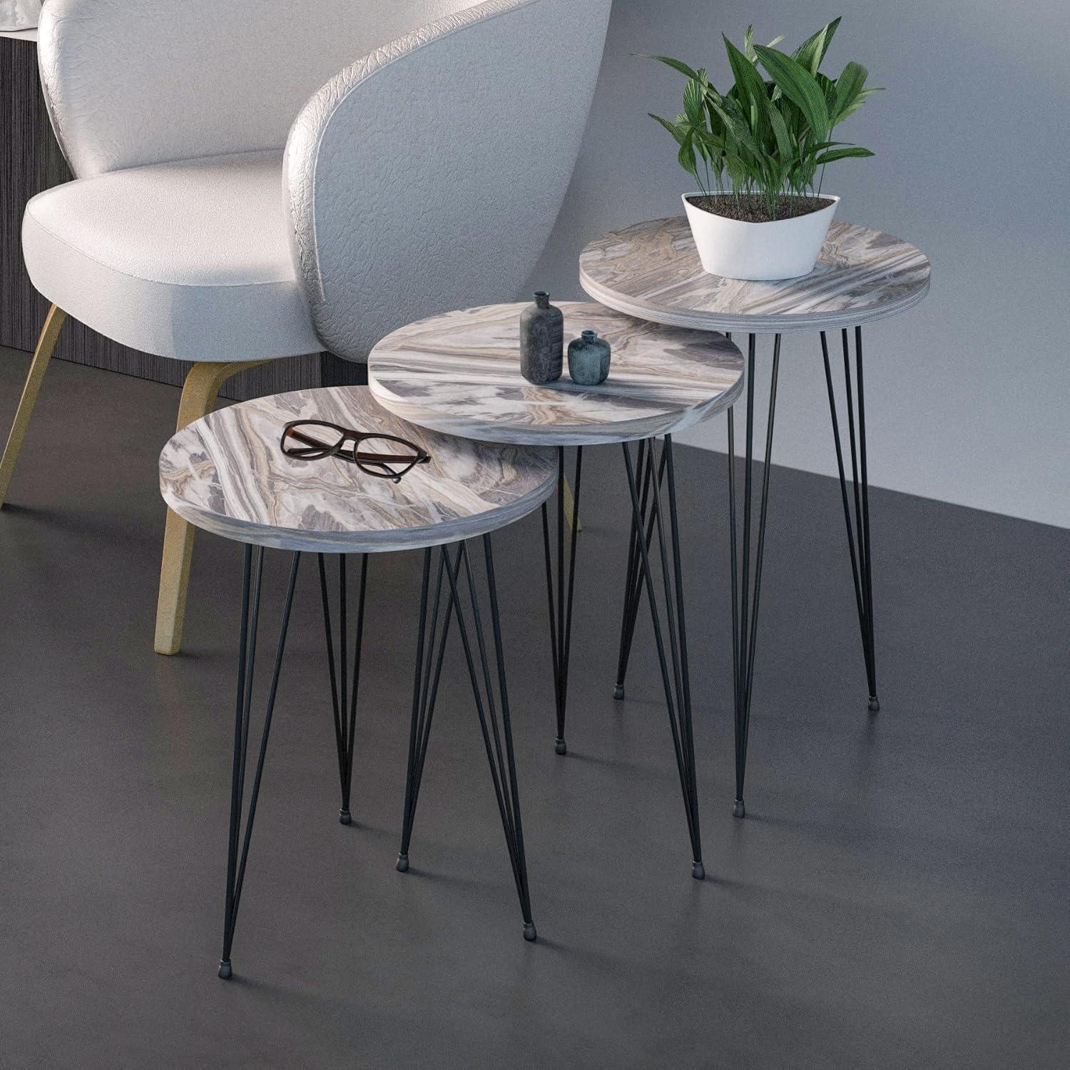 PAK HOME Set of 3 Grey Marble Nesting End Tables Round Wood Stacking Coffee Side Accent Table with Metal Legs for Living Room, Home Office, Nightstands for Bedroom